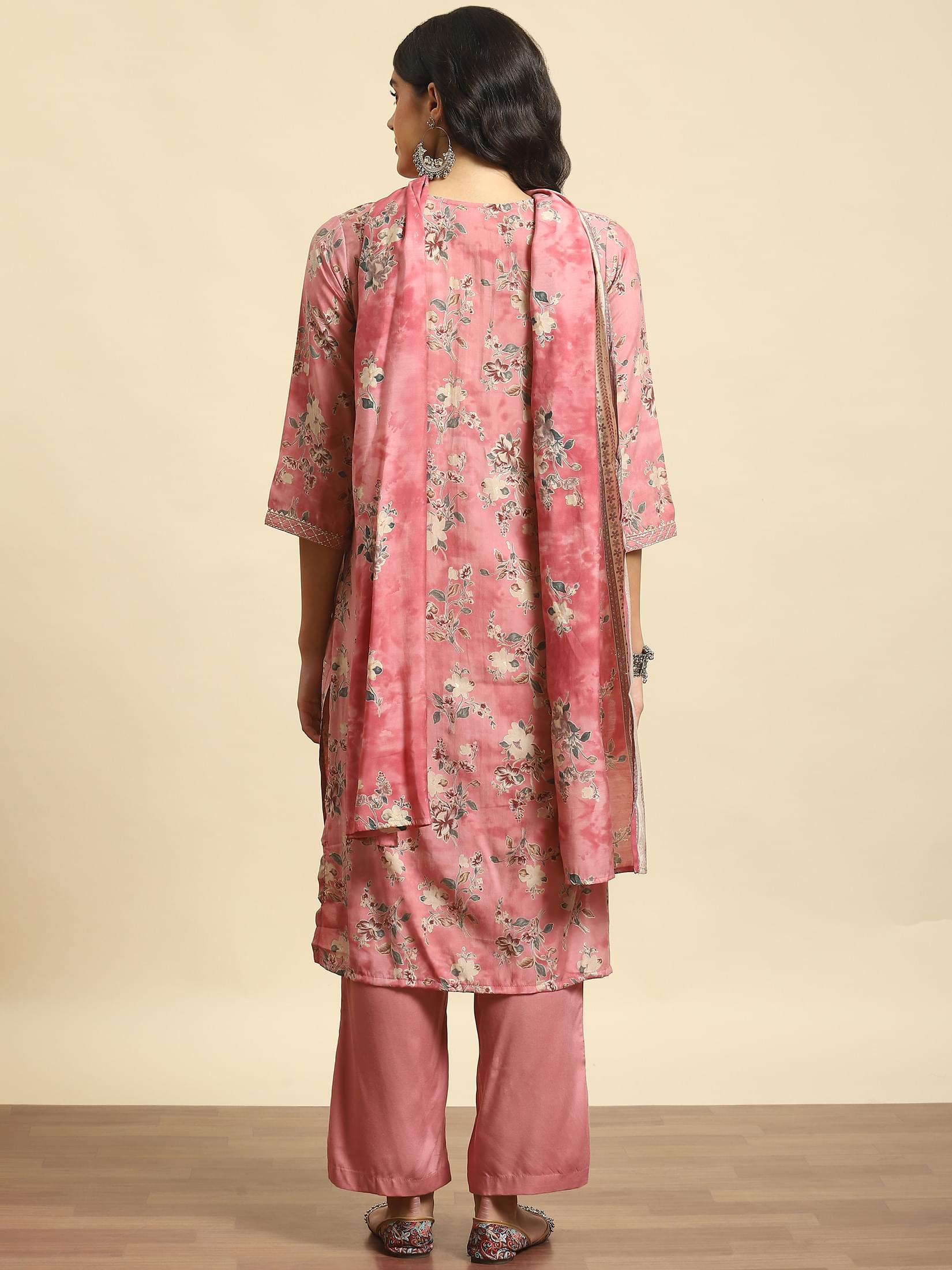 Women Pink Floral Kurta Comfort Pant Dupatta.