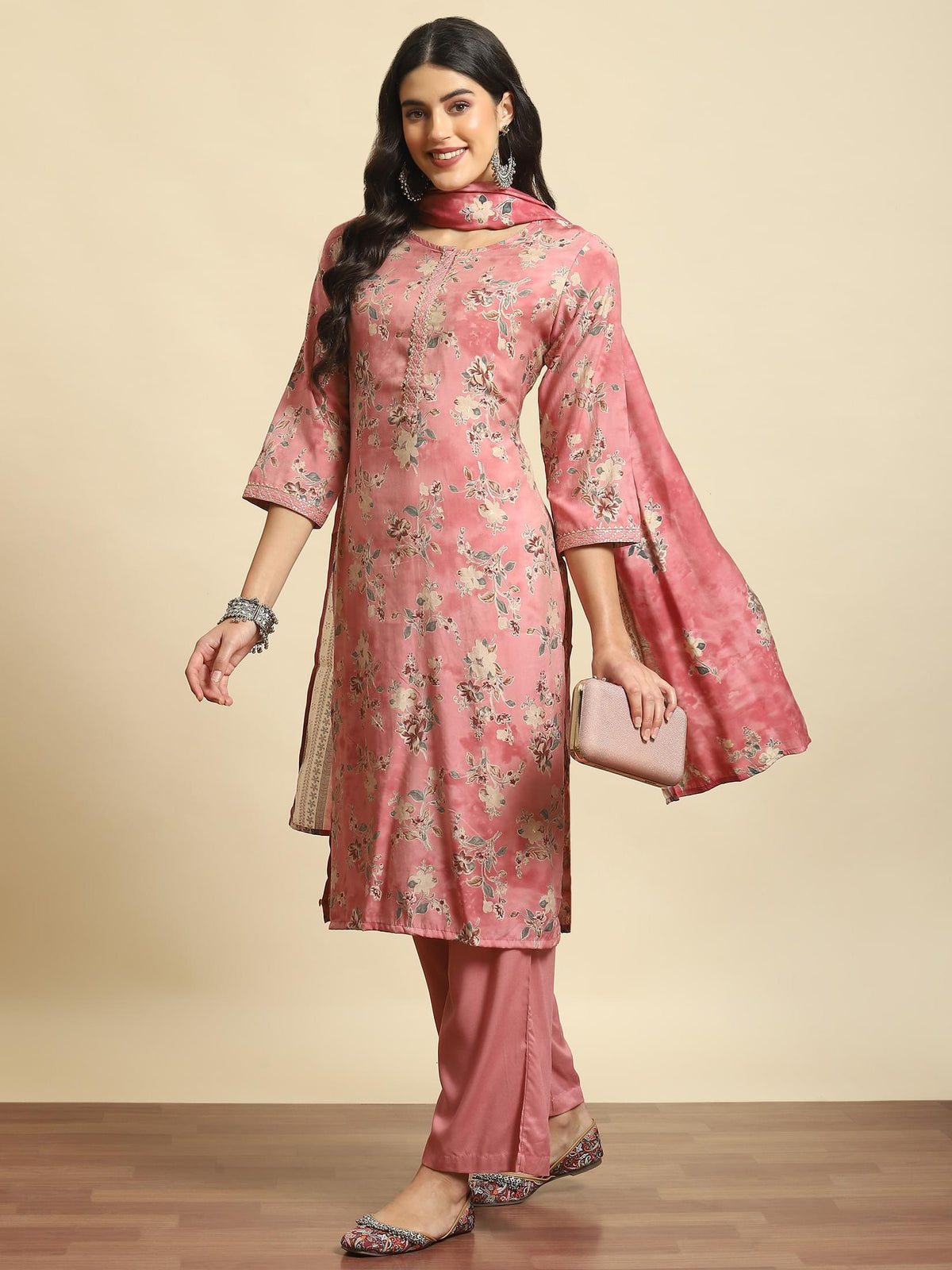 Women Pink Floral Kurta Comfort Pant Dupatta.