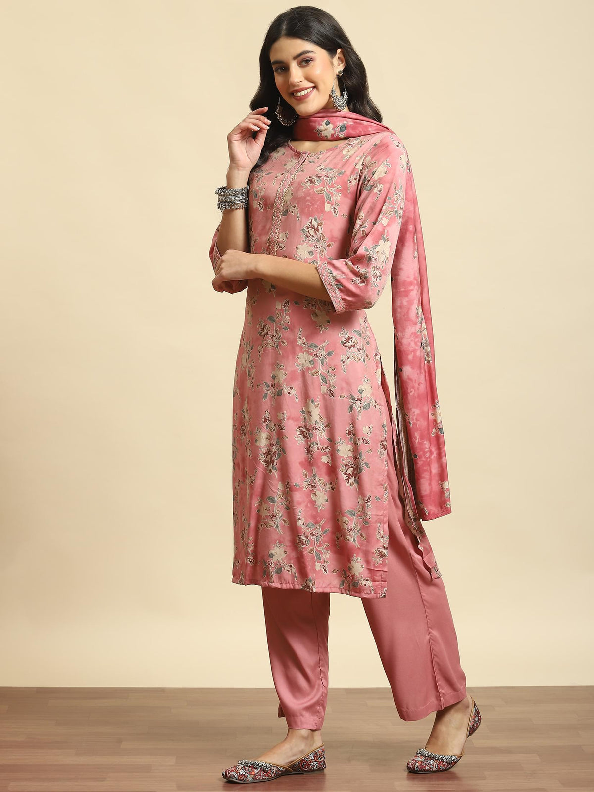 Women Pink Floral Kurta Comfort Pant Dupatta.