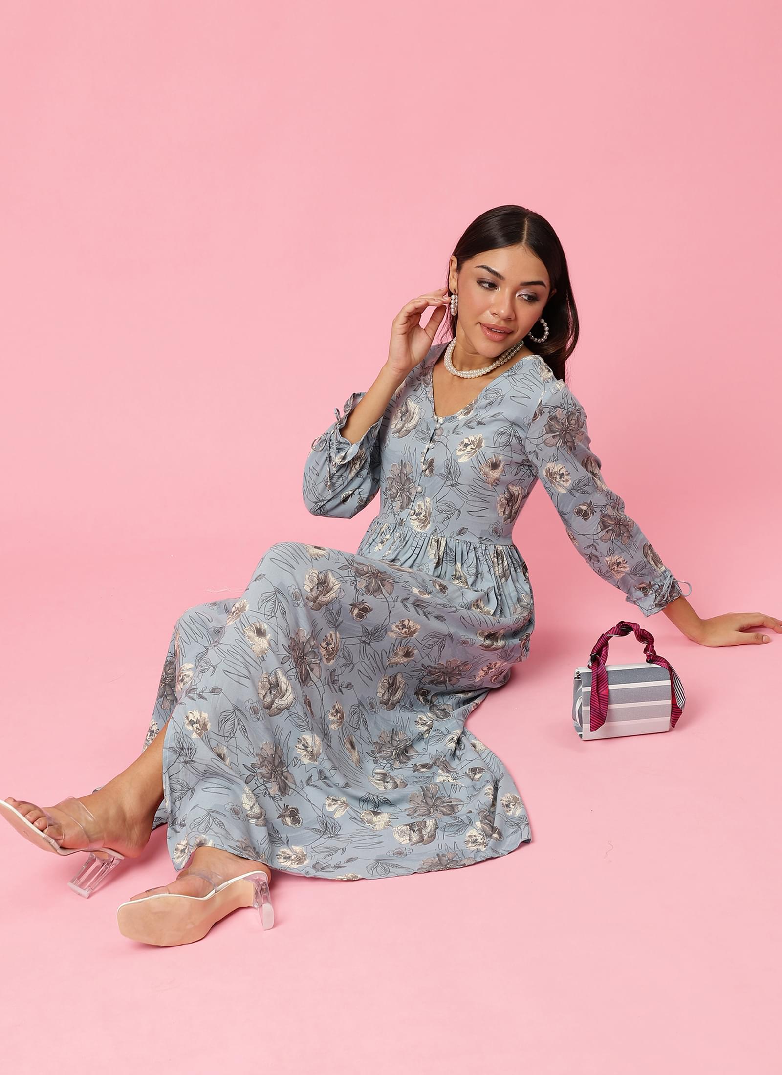 Women Blue Floral Printed Dress.
