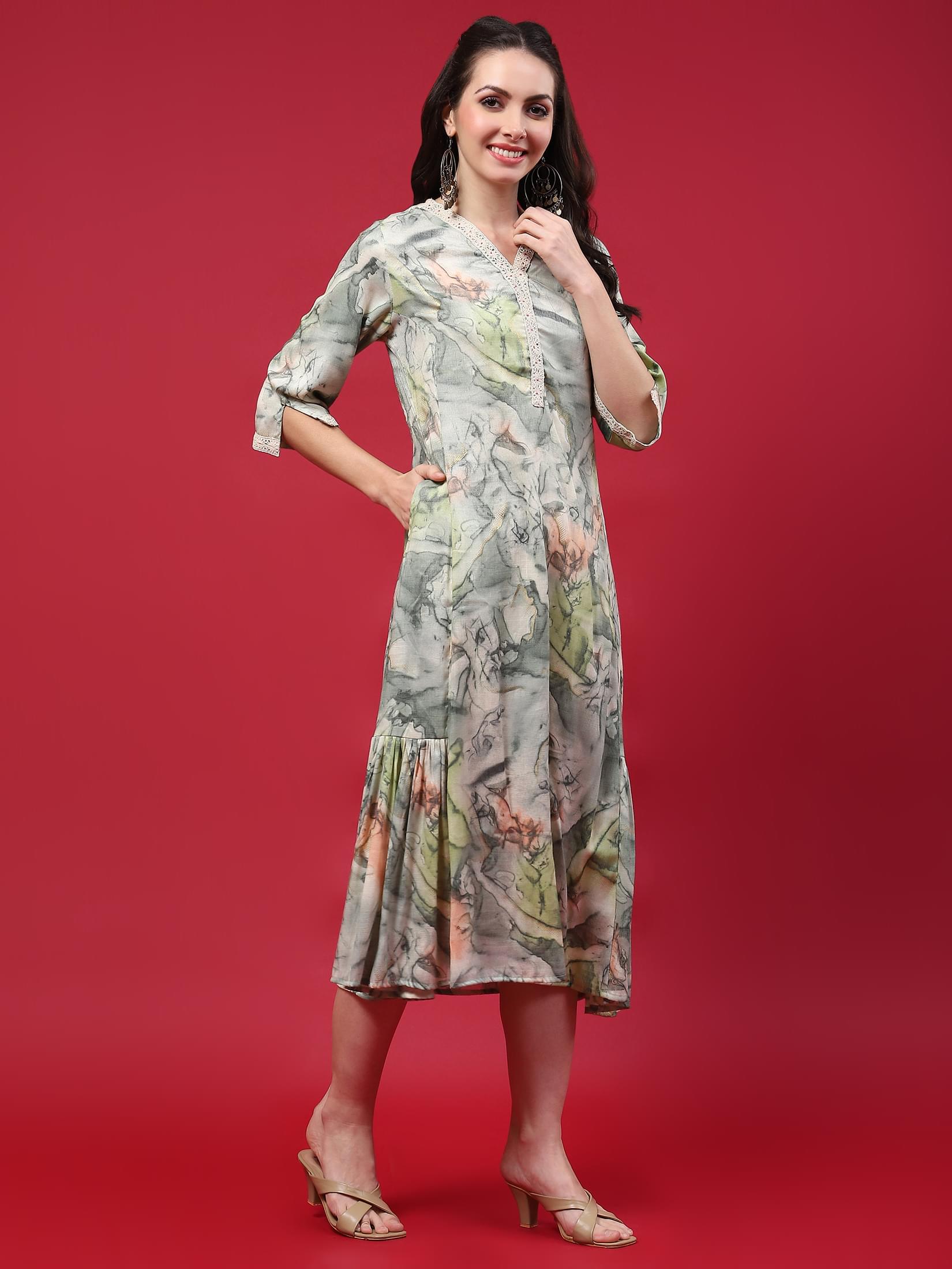 Women Green Abstract Printed Dress.