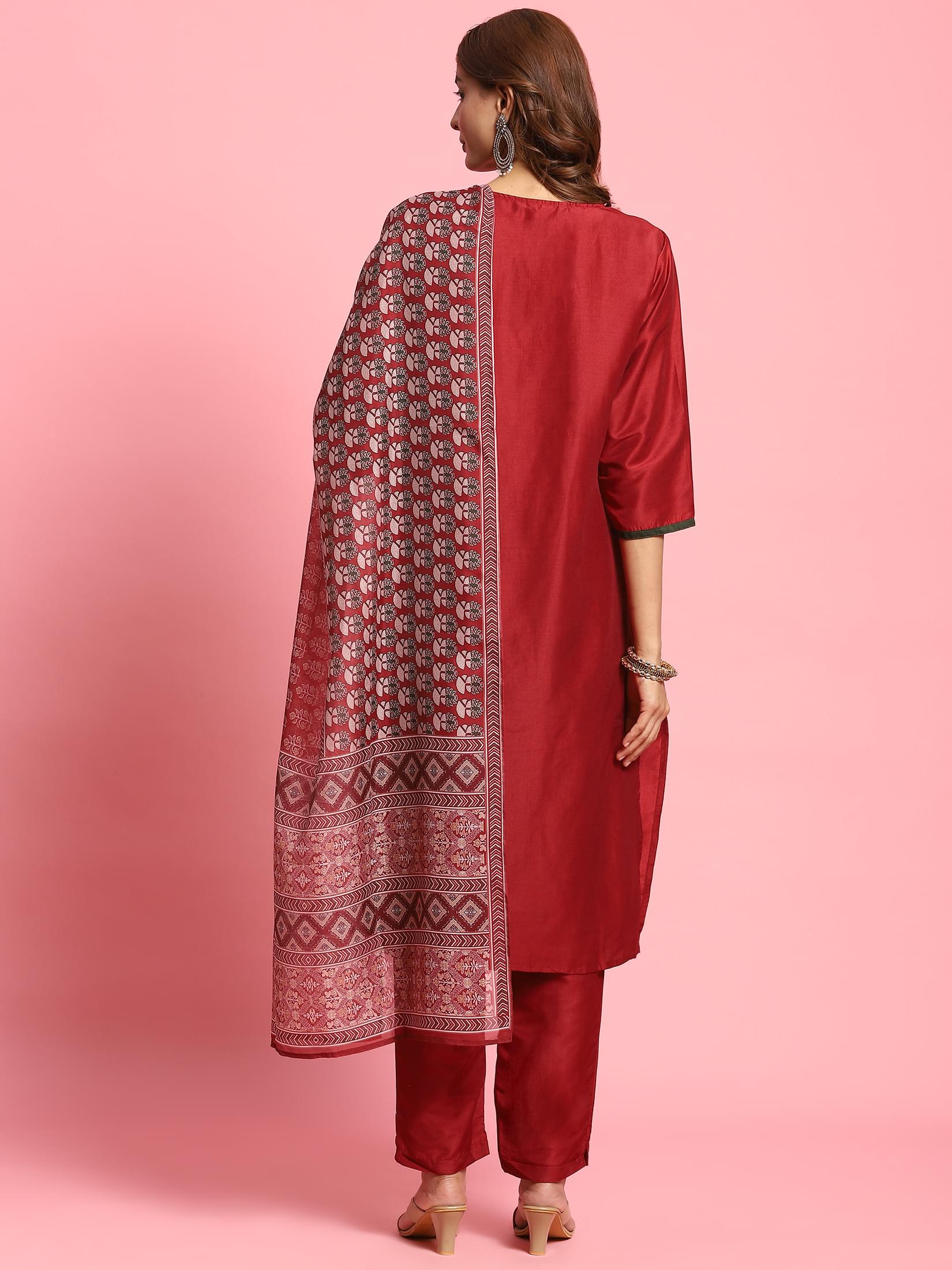 Indiessence Women Maroon Embroidered Kurta Trouser Dupatta.