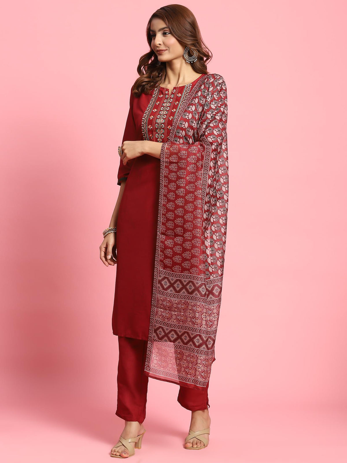 Indiessence Women Maroon Embroidered Kurta Trouser Dupatta.