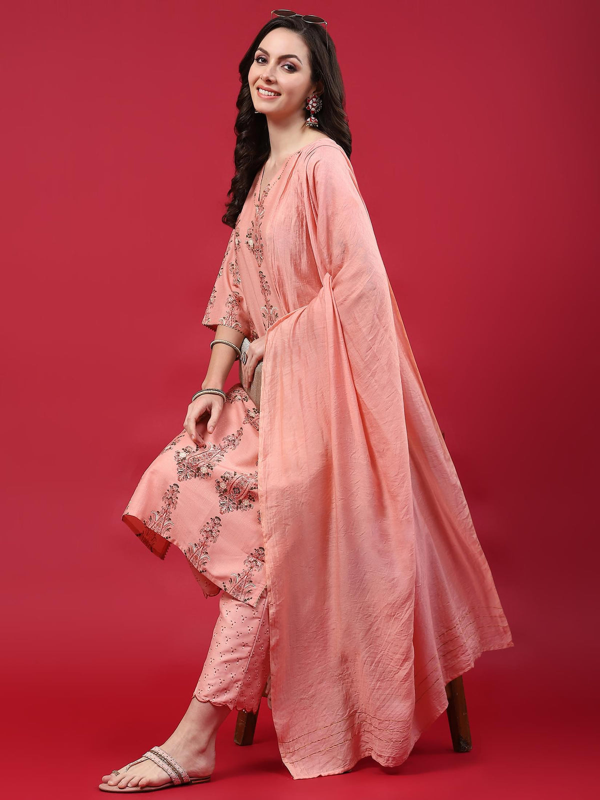 Women Pink Ornamental Printed Kurta Comfort Pant Dupatta.