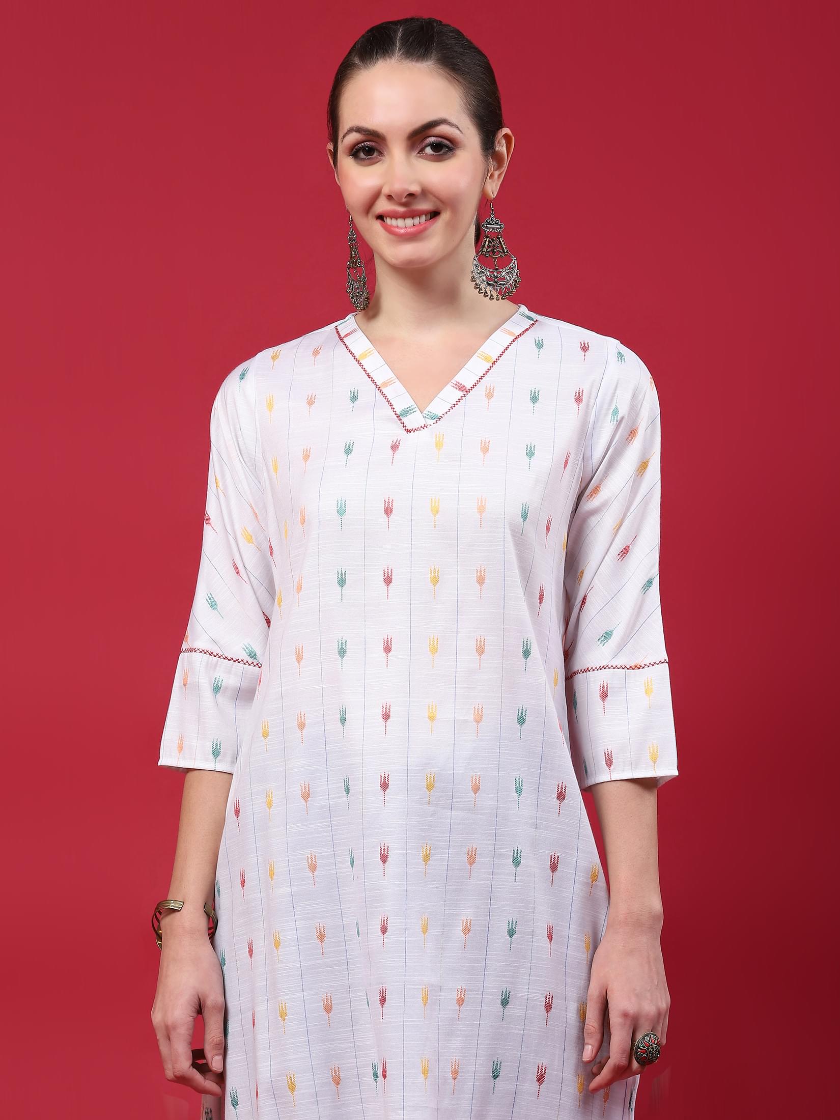 Women White Stripe Printed Kurta.