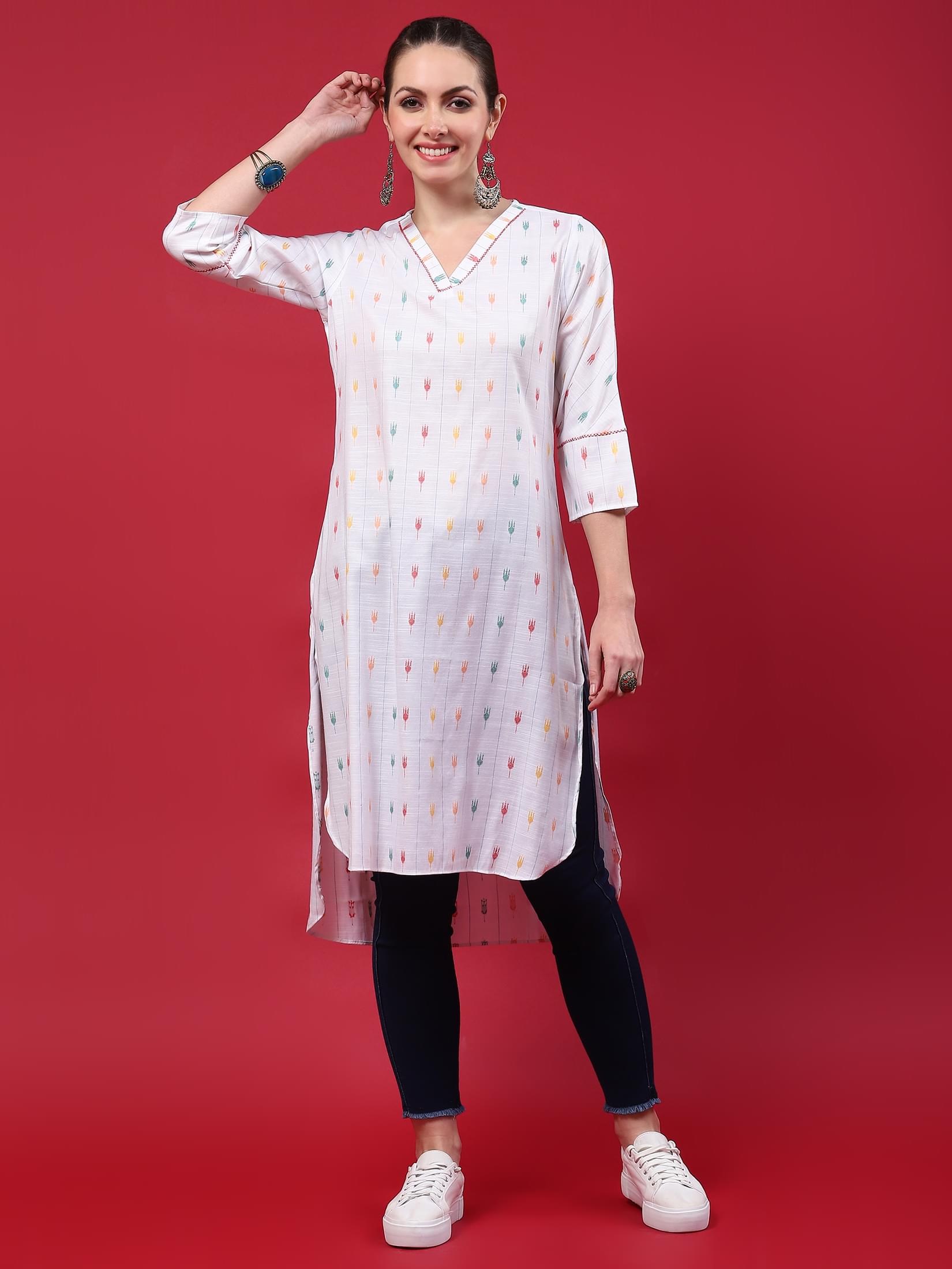 Women White Stripe Printed Kurta.