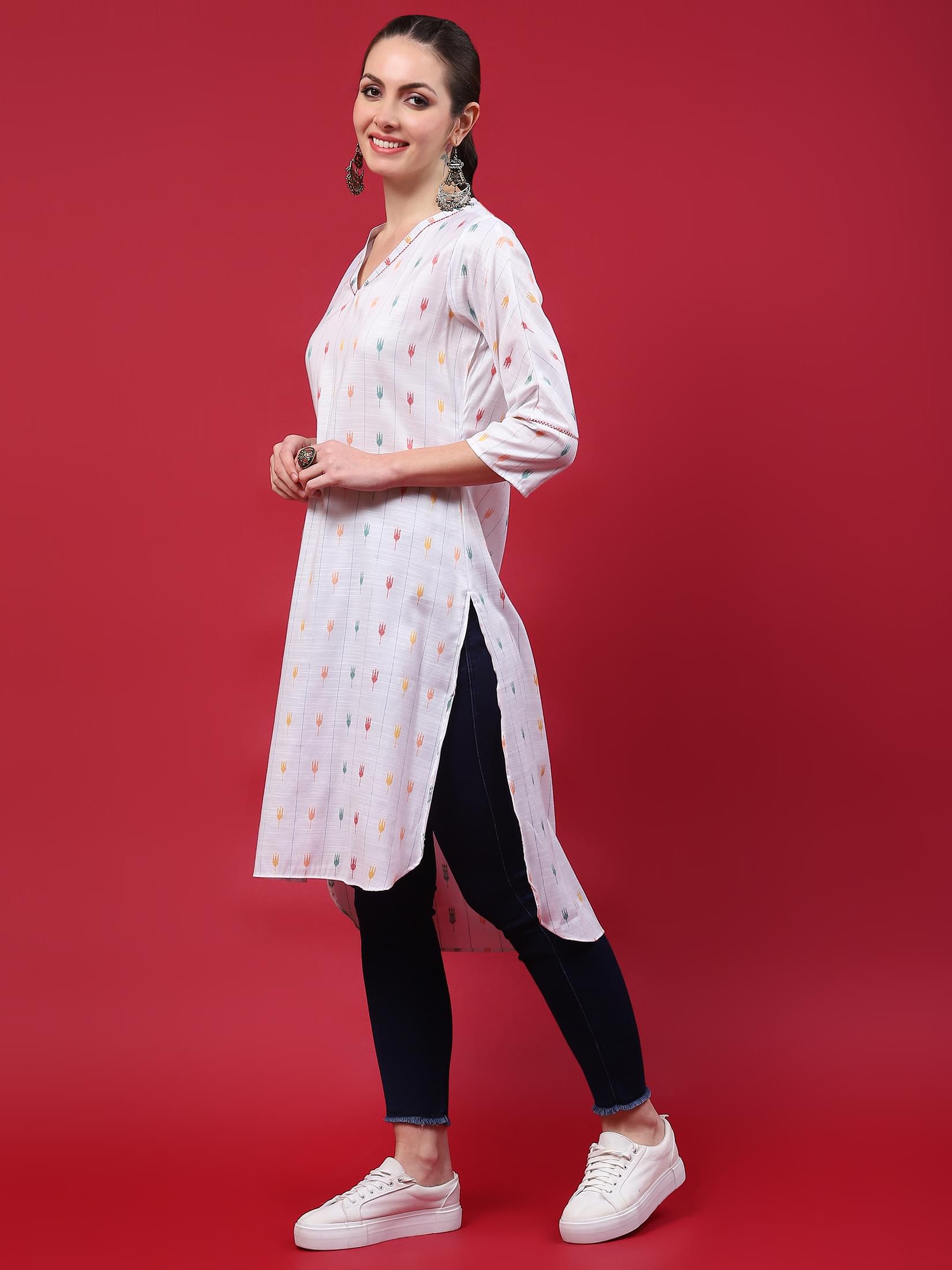 Women White Stripe Printed Kurta.