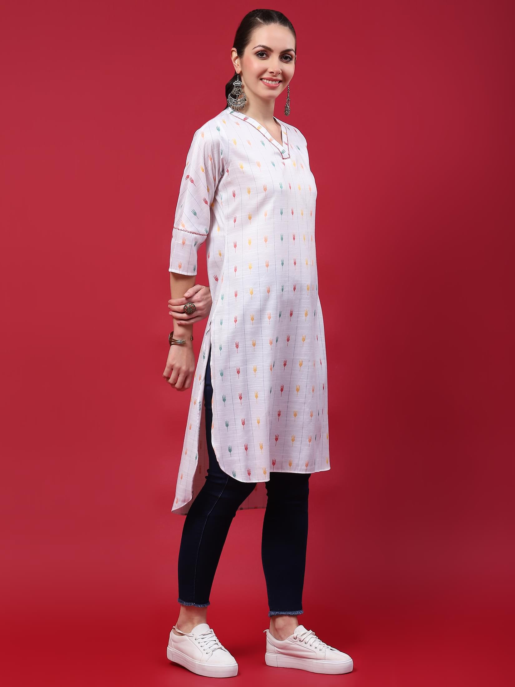 Women White Stripe Printed Kurta.