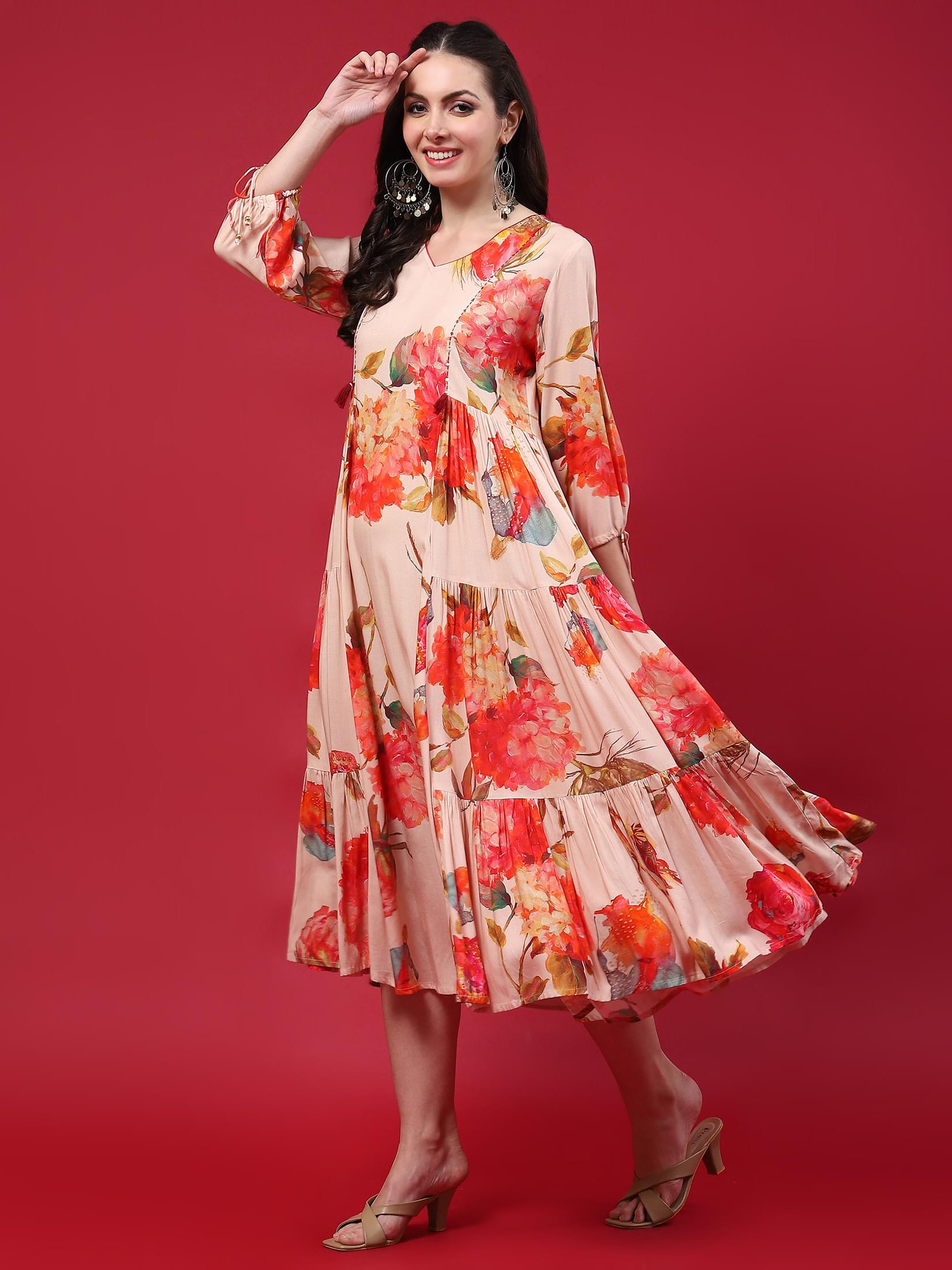 Women Peach Floral Printed Dress.