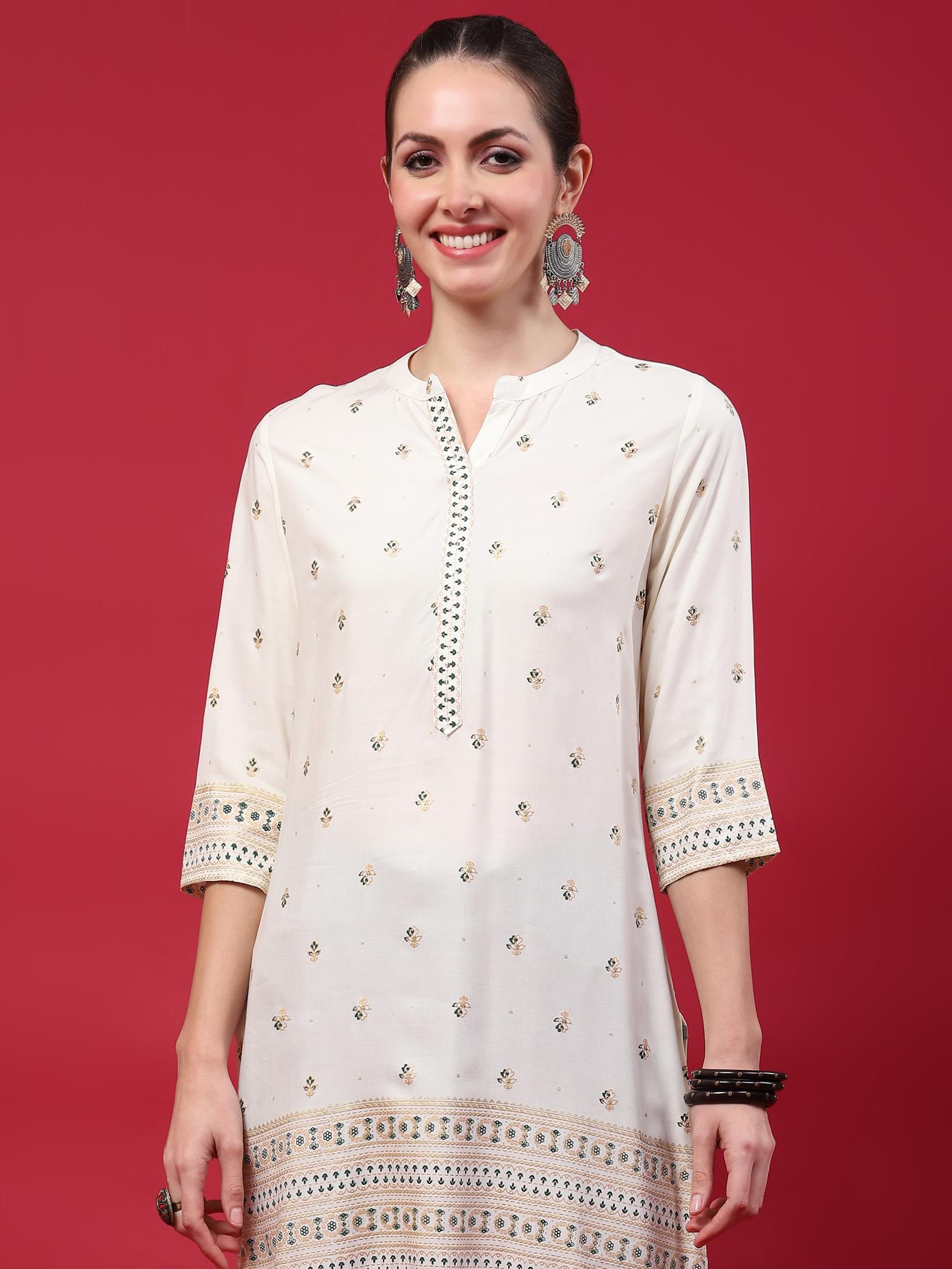Women Off White Printed Kurti.