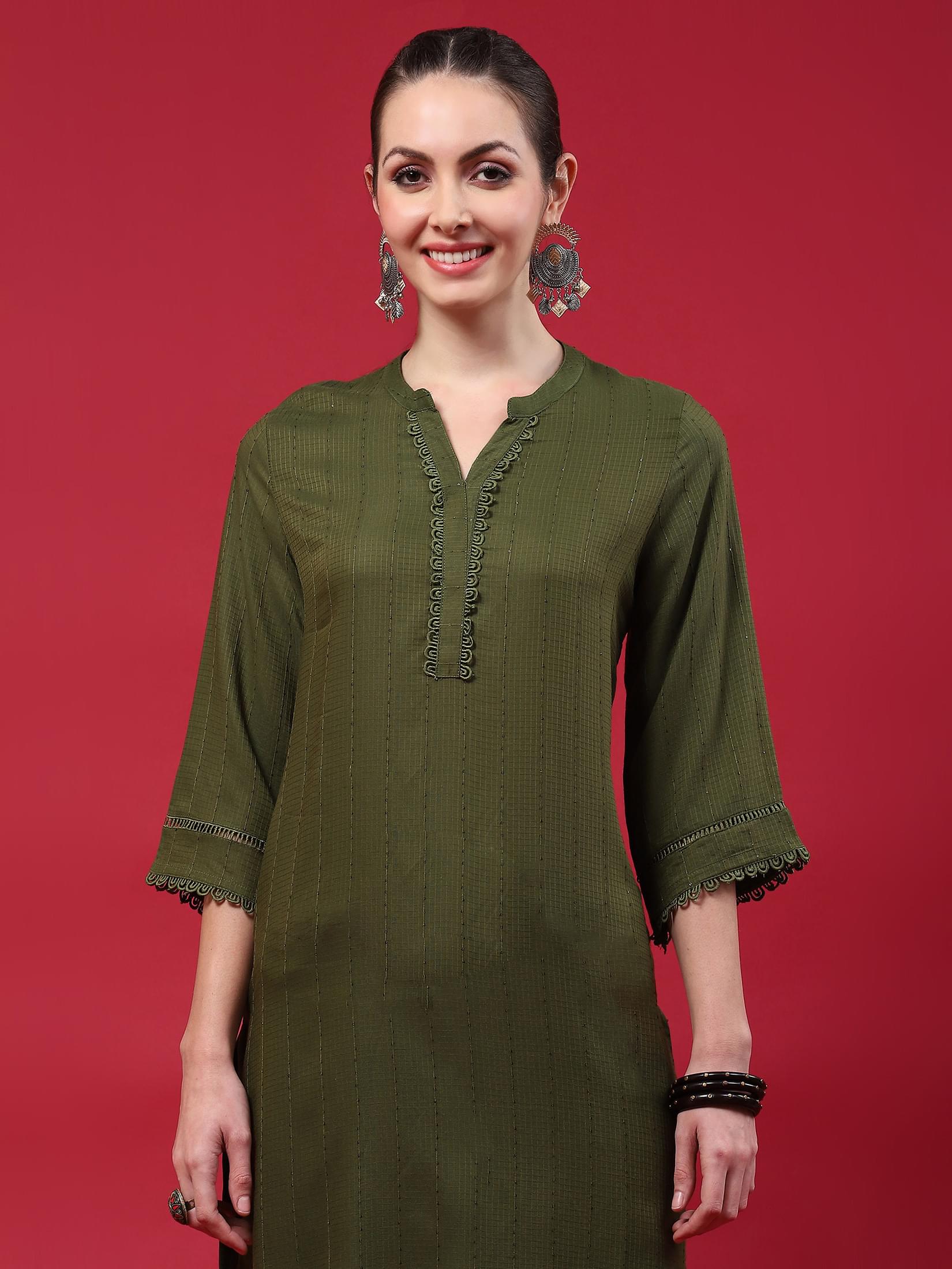 Women Olive Solid Kurta.