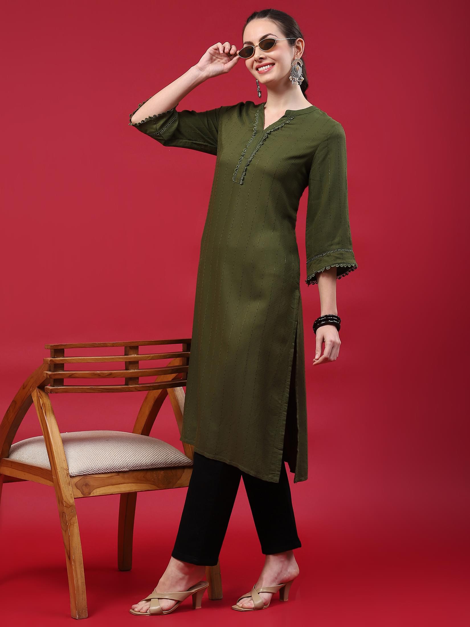 Women Olive Solid Kurta.
