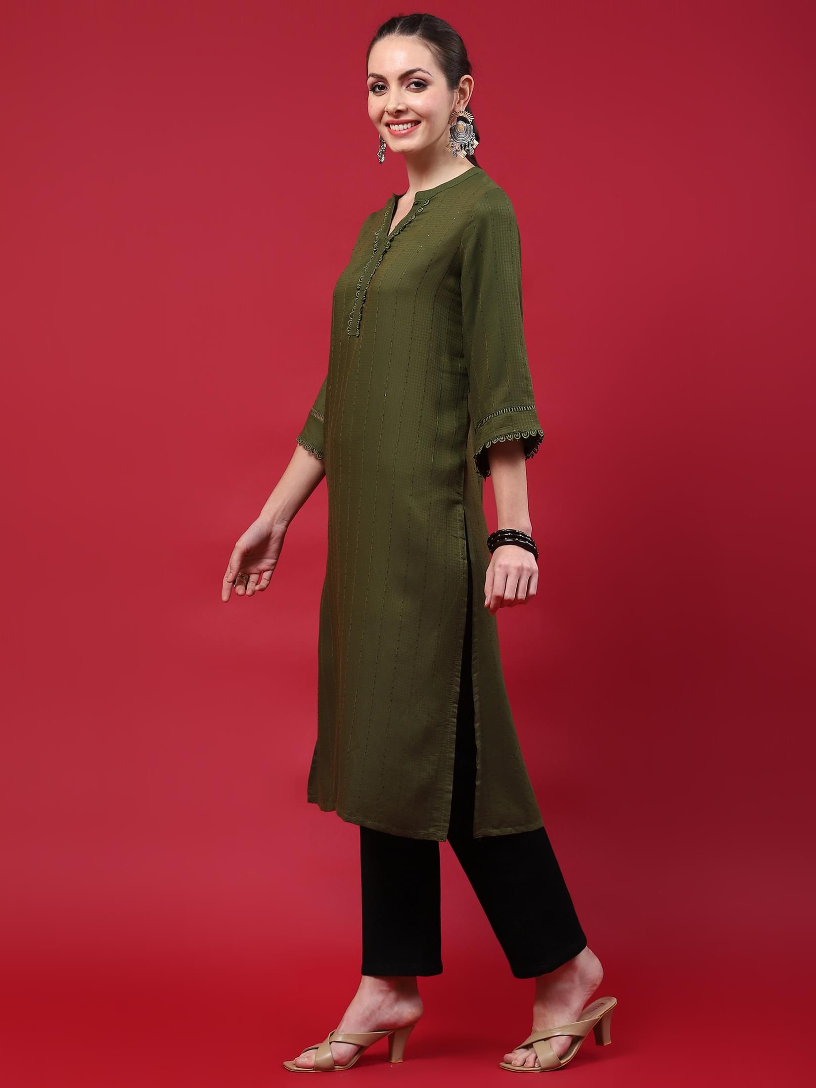 Women Olive Solid Kurta.