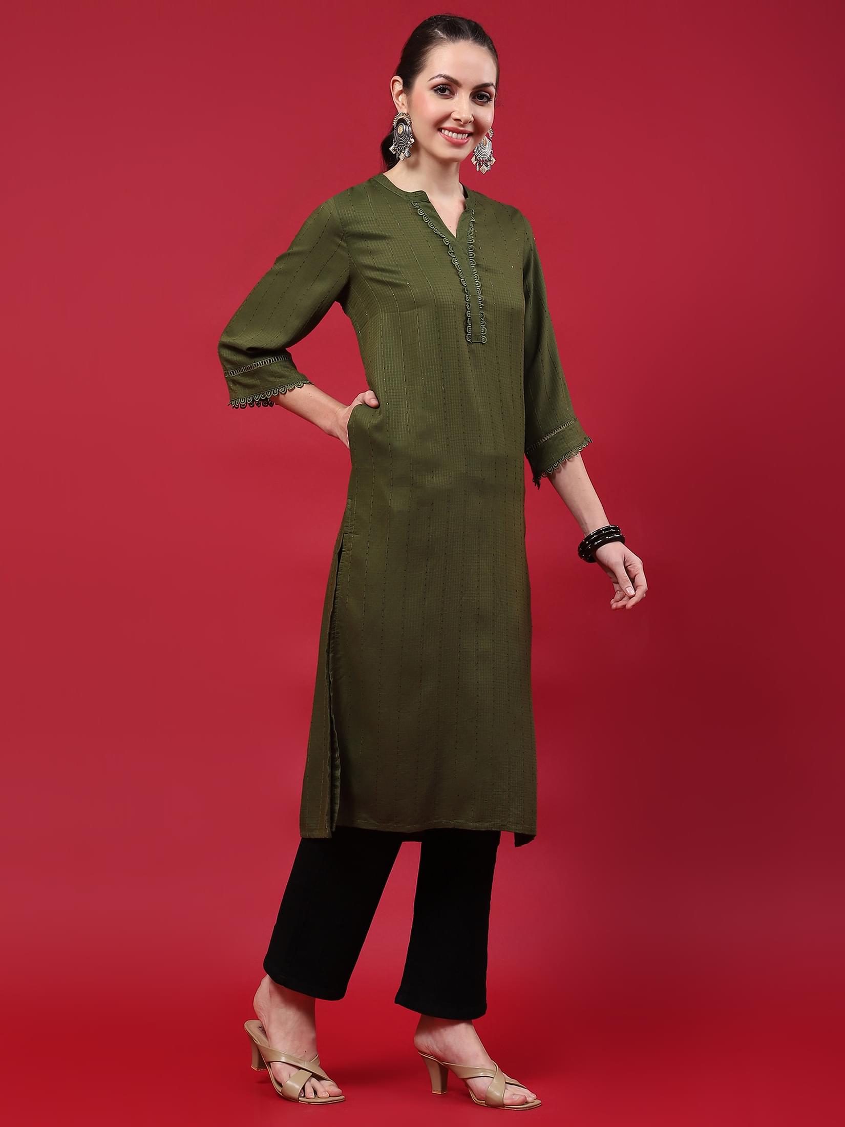 Women Olive Solid Kurta.
