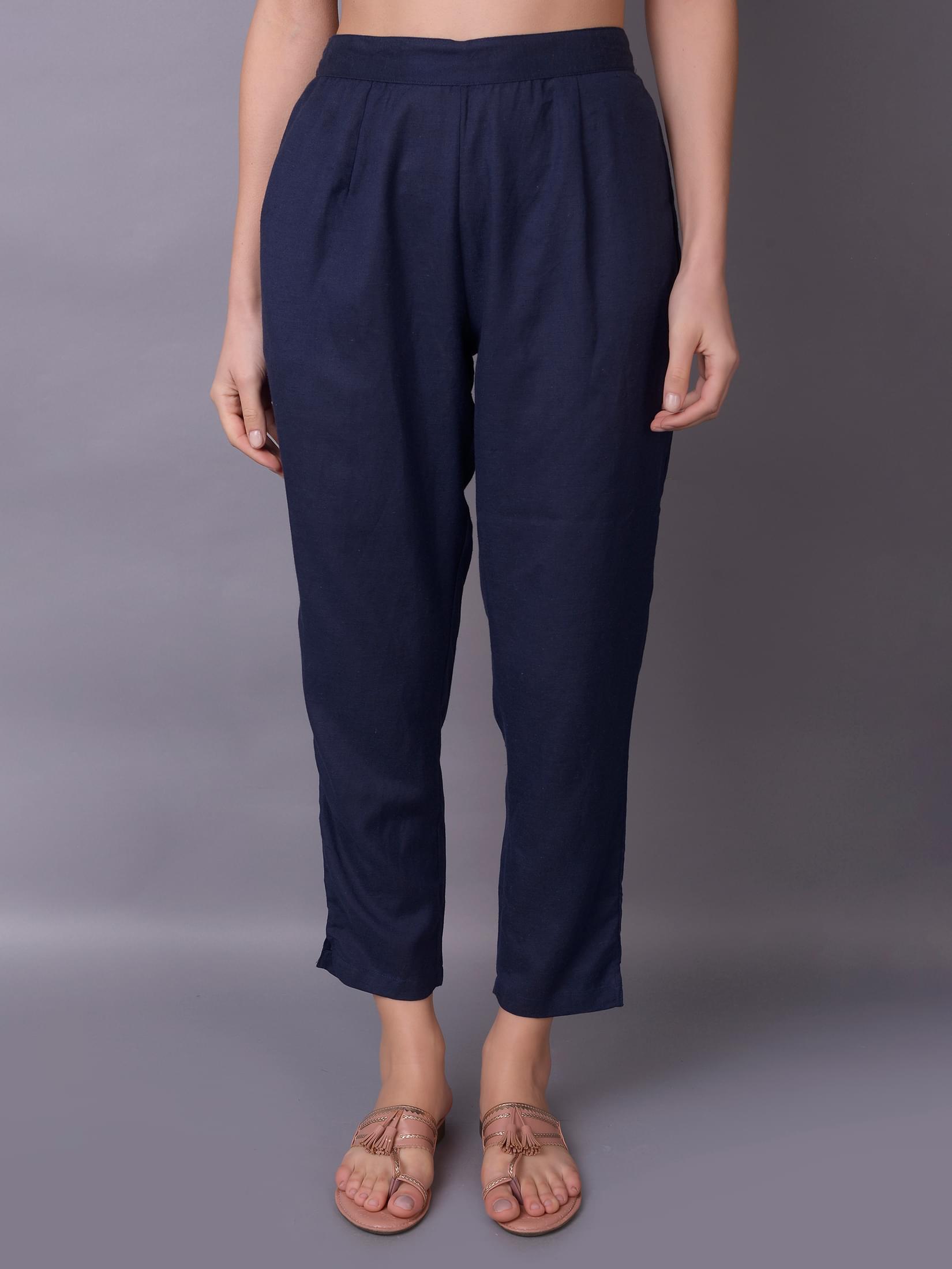 Women Navy Blue Plain Trouser.