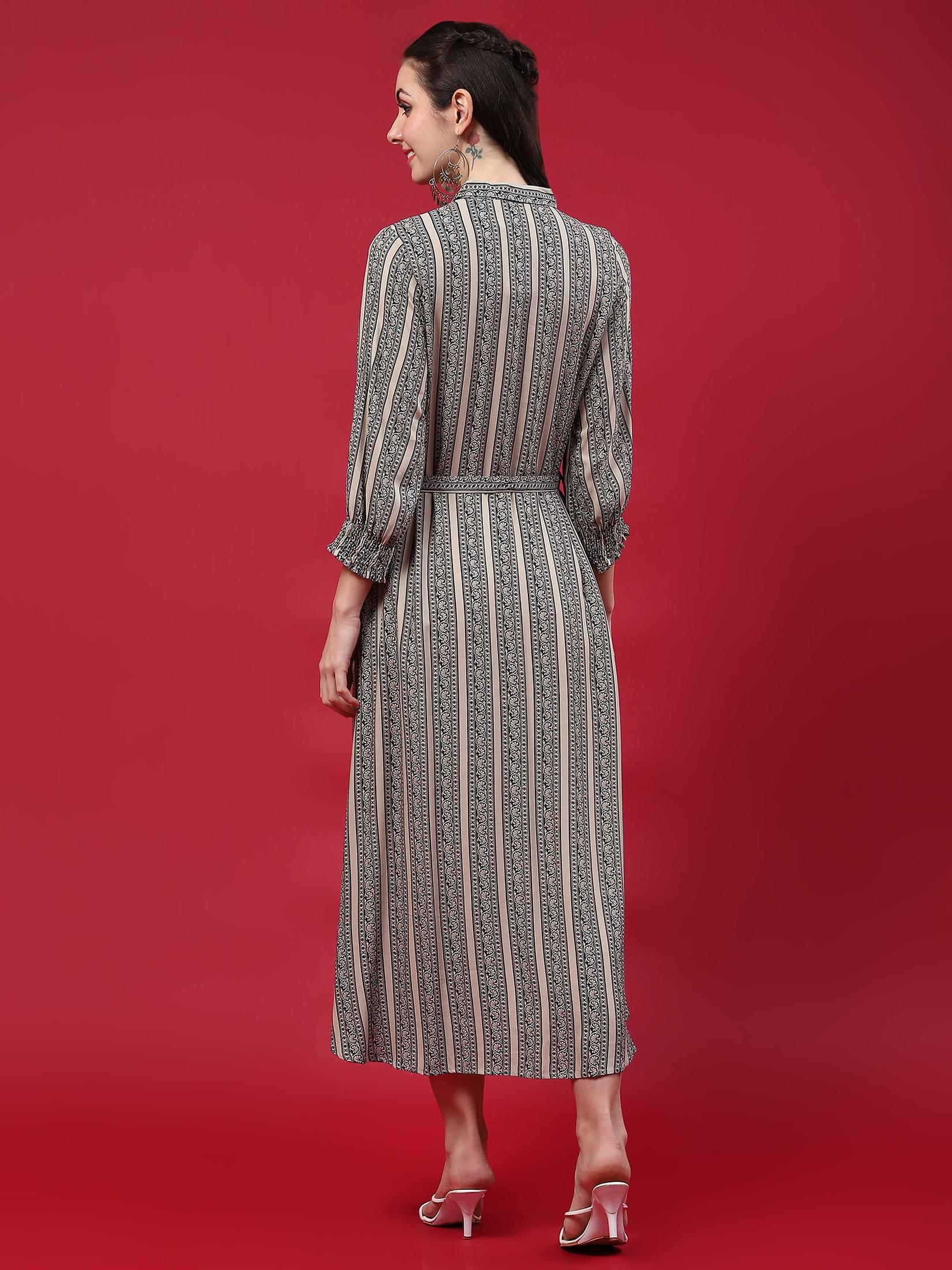 Women Beige Border Printed Dress.