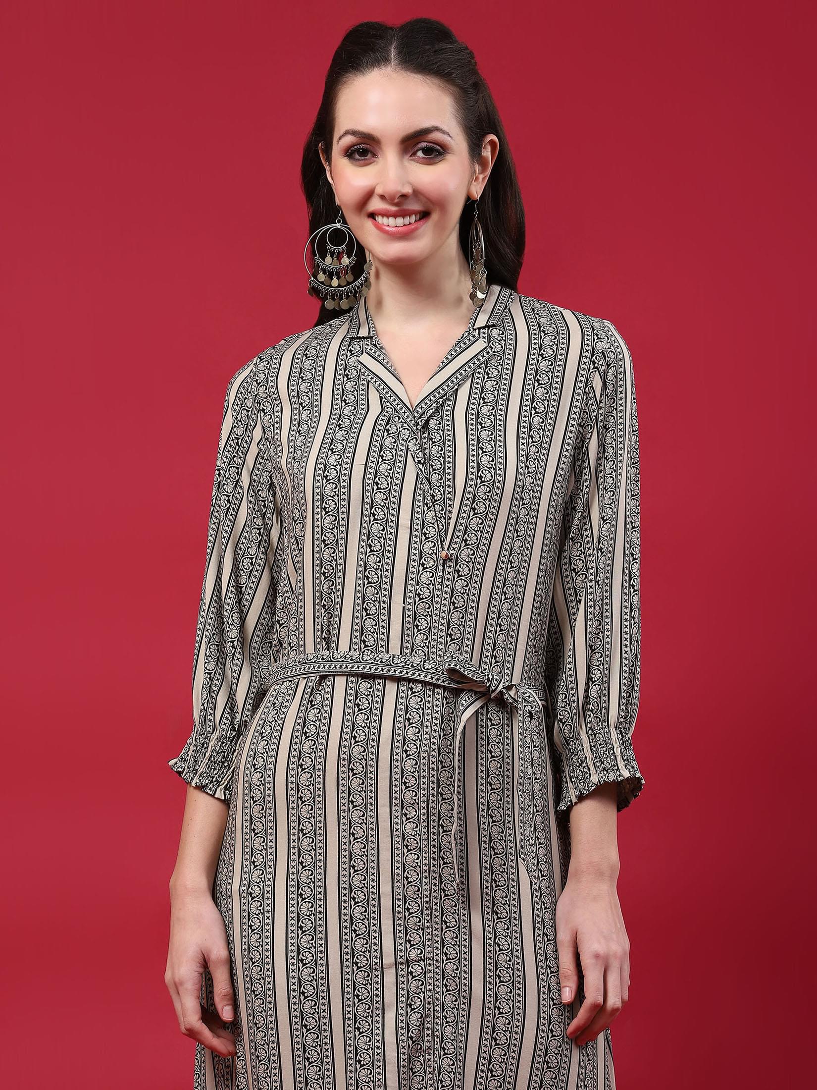 Women Beige Border Printed Dress.
