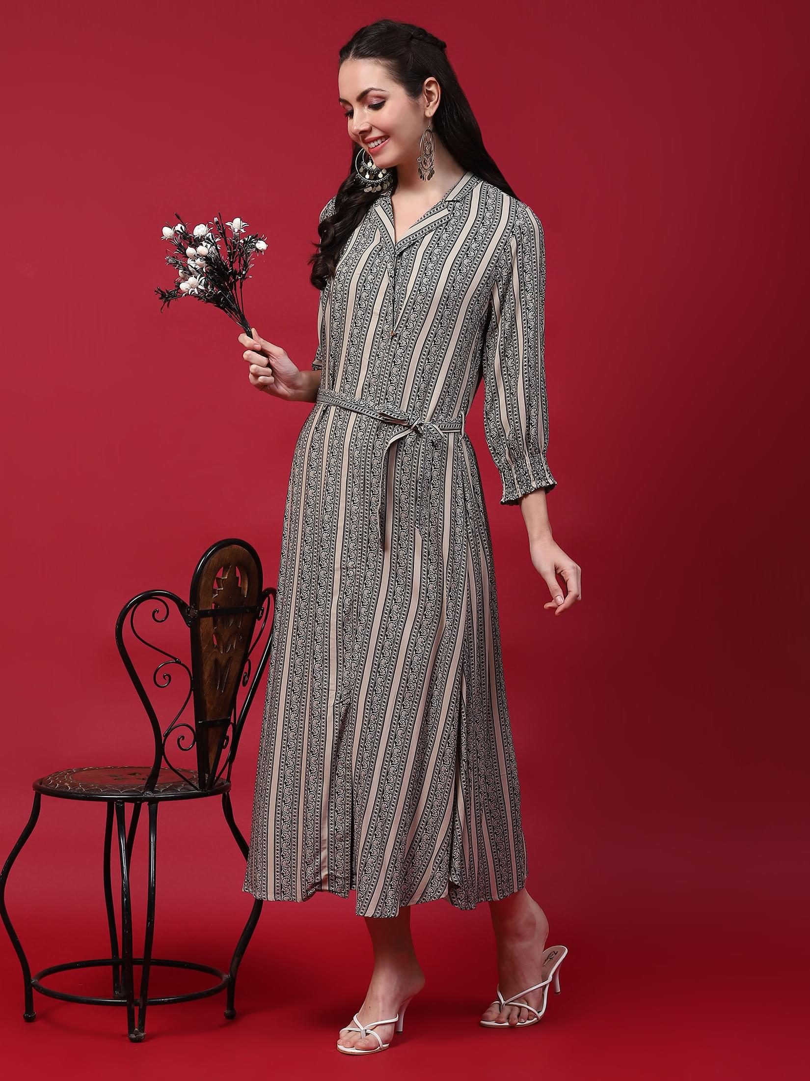 Women Beige Border Printed Dress.