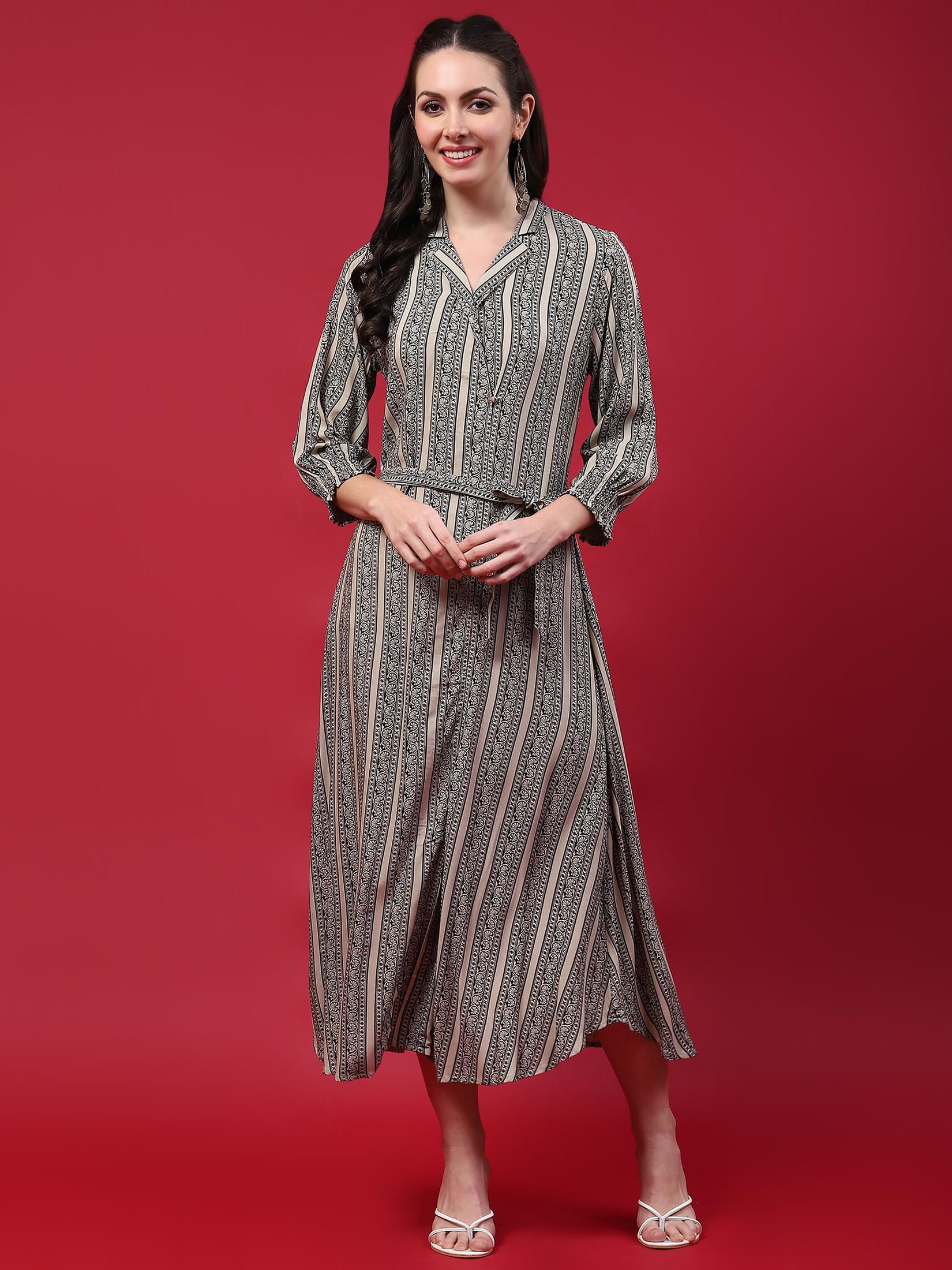 Women Beige Border Printed Dress.