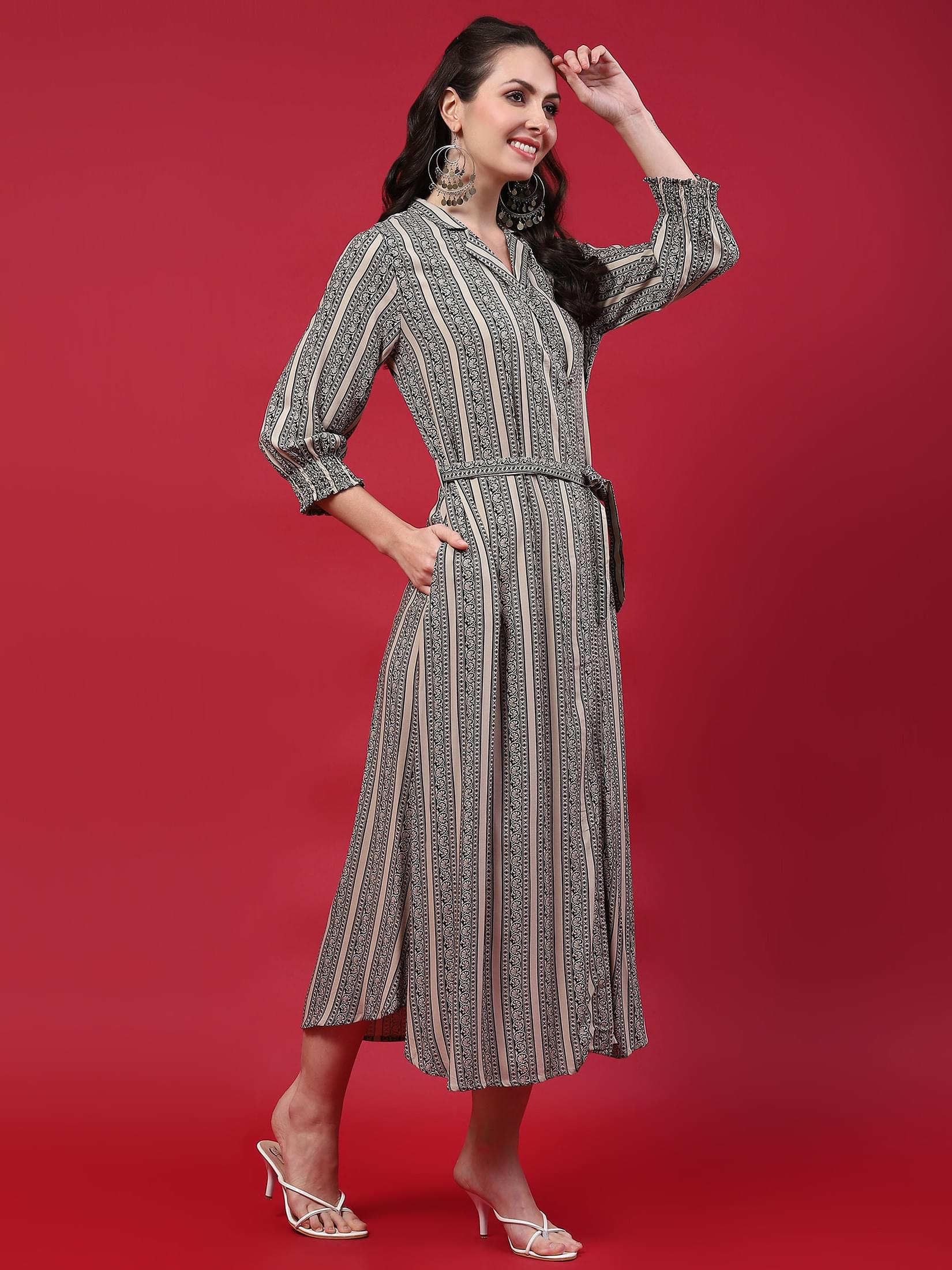 Women Beige Border Printed Dress.