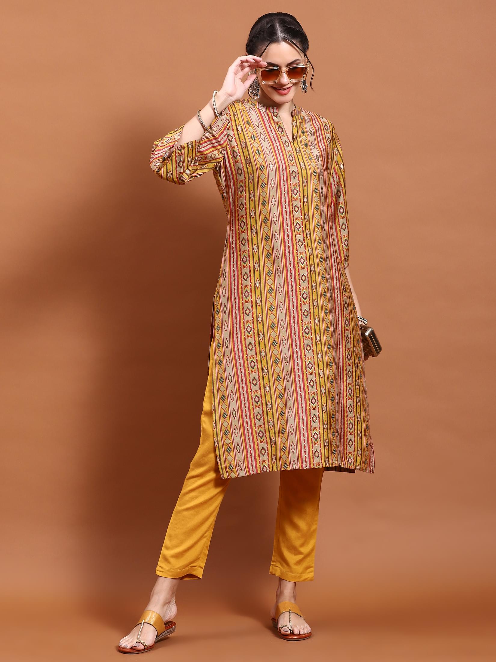Women Mustard Aztec Print Kurta.