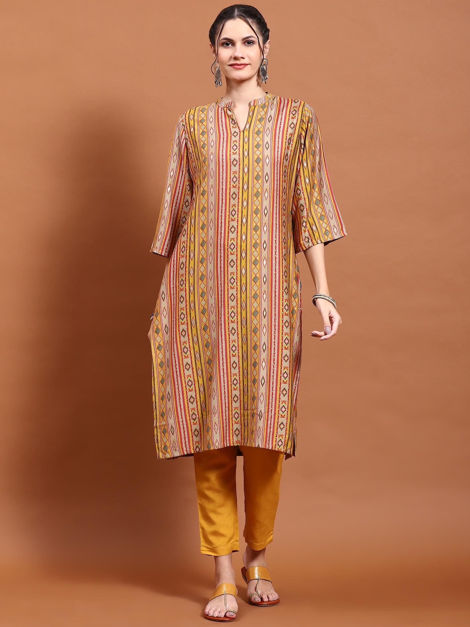 Women Mustard Aztec Print Kurta.