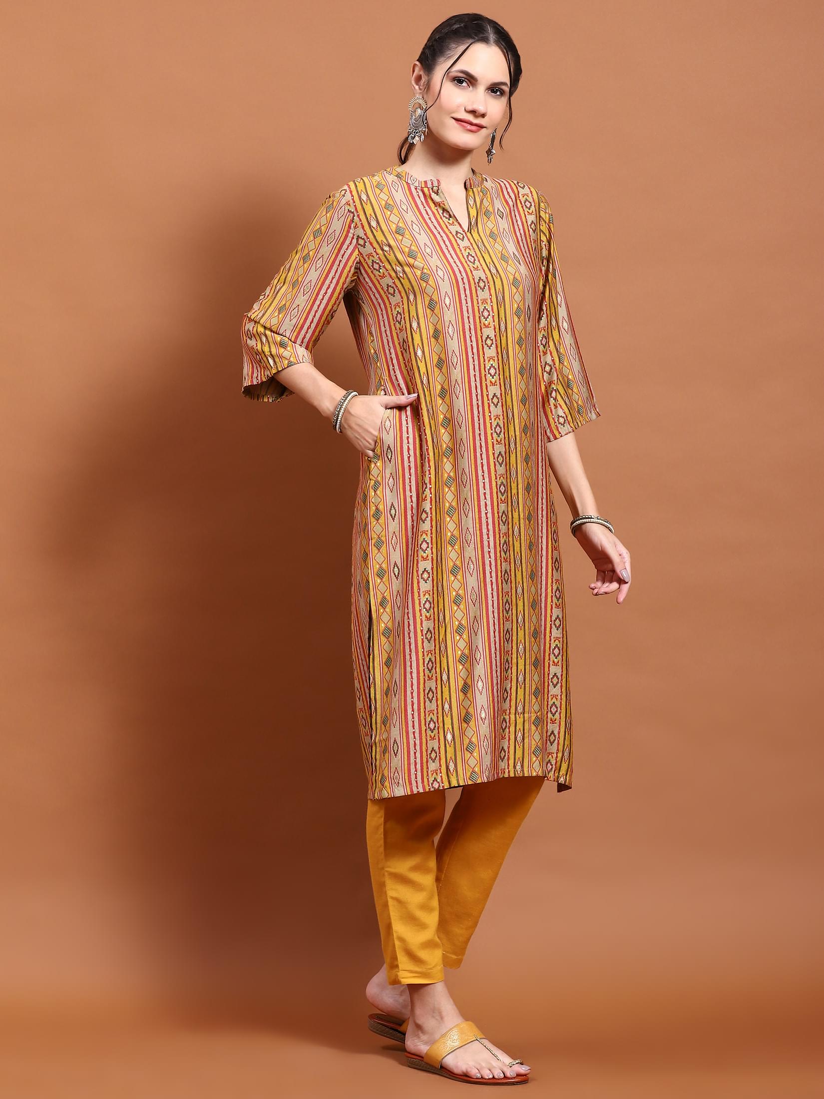 Women Mustard Aztec Print Kurta.