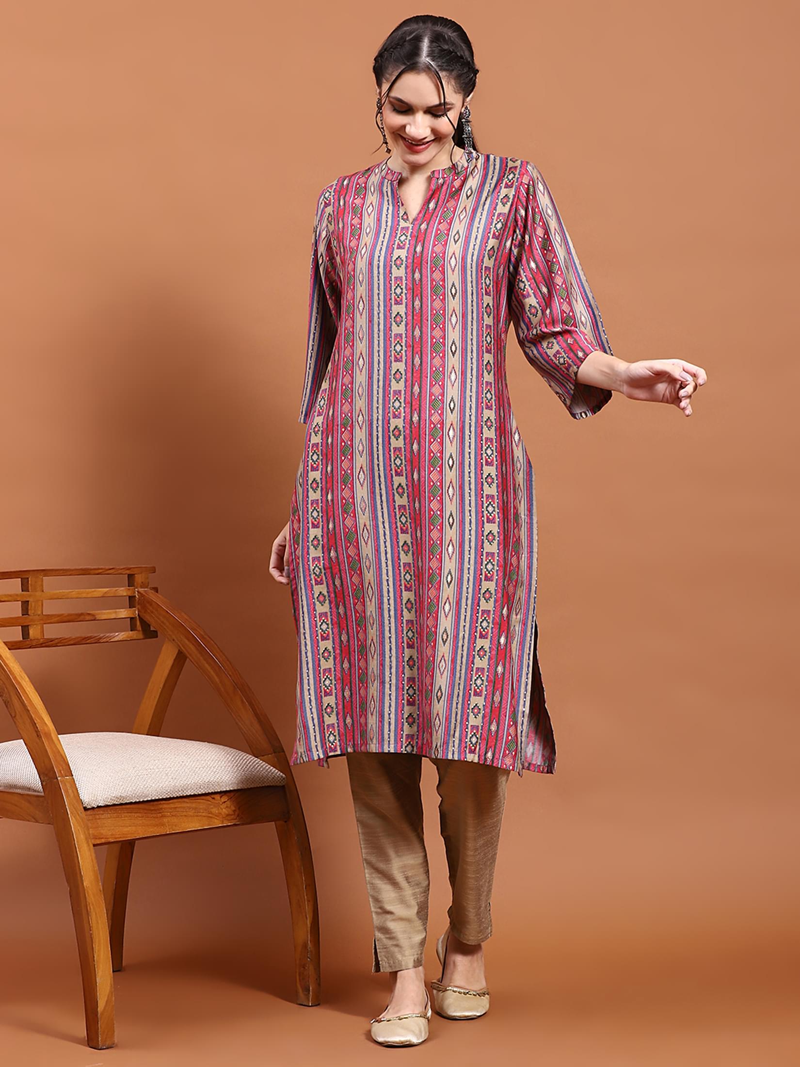 Women Pink Aztec Print Kurta.