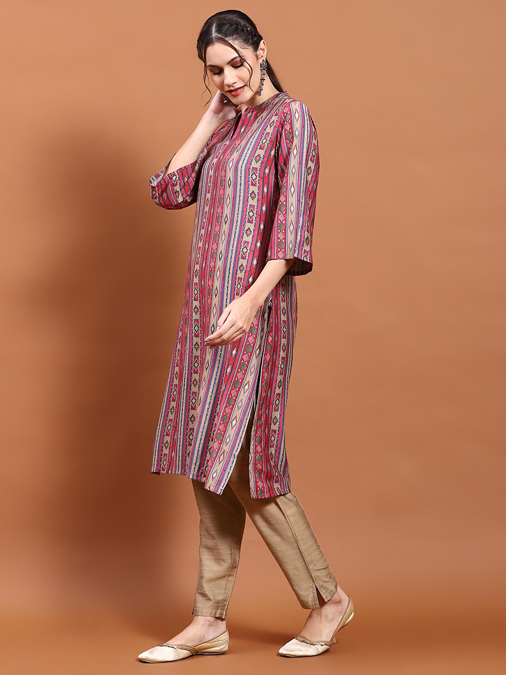 Women Pink Aztec Print Kurta.