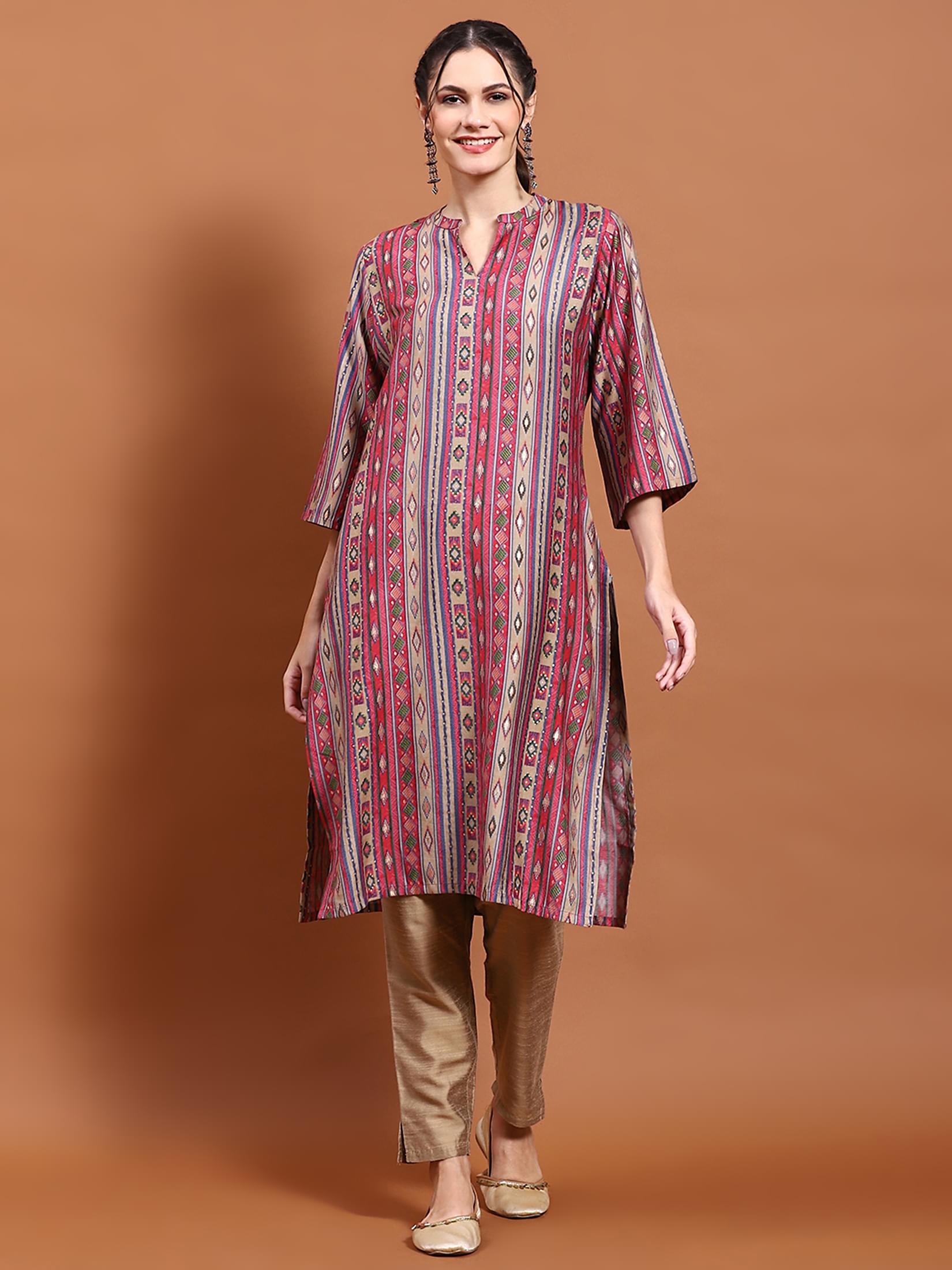 Women Pink Aztec Print Kurta.