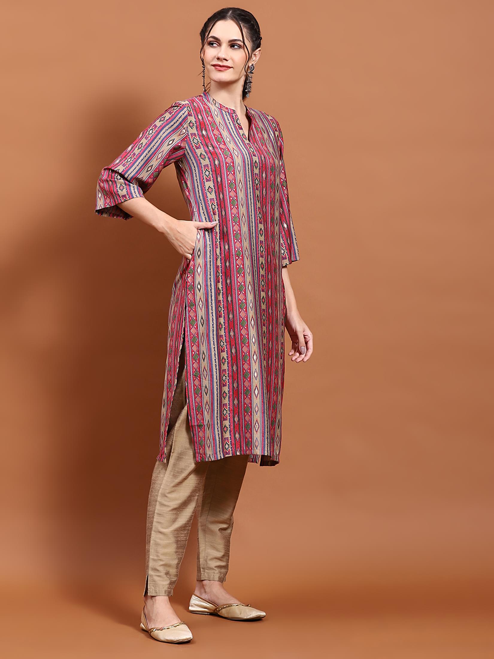 Women Pink Aztec Print Kurta.