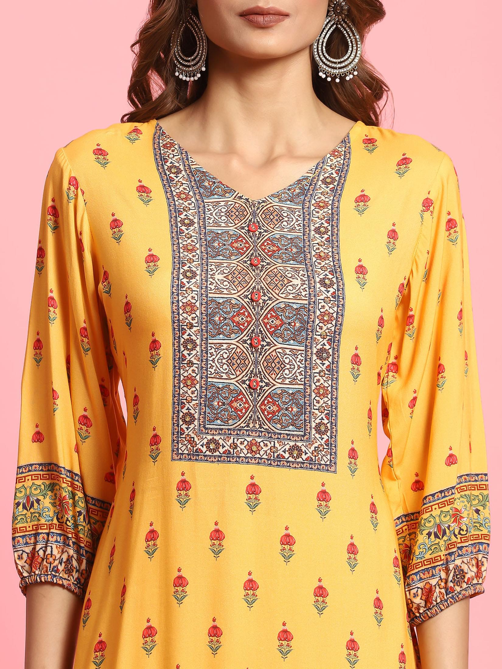 Women Mustard Floral Printed Kurta Trouser Dupatta.