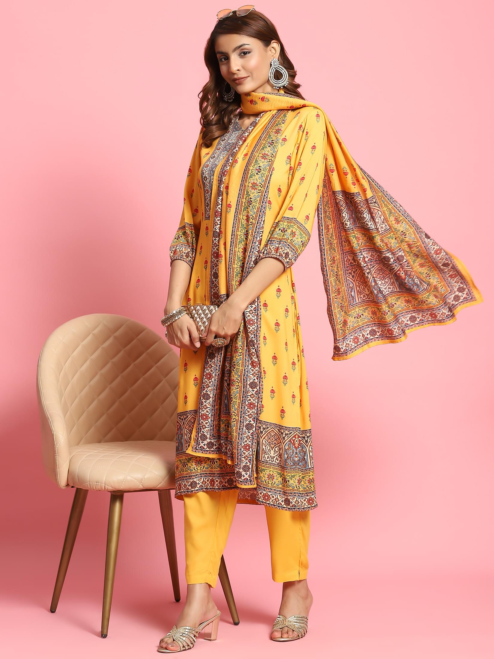 Women Mustard Floral Printed Kurta Trouser Dupatta.