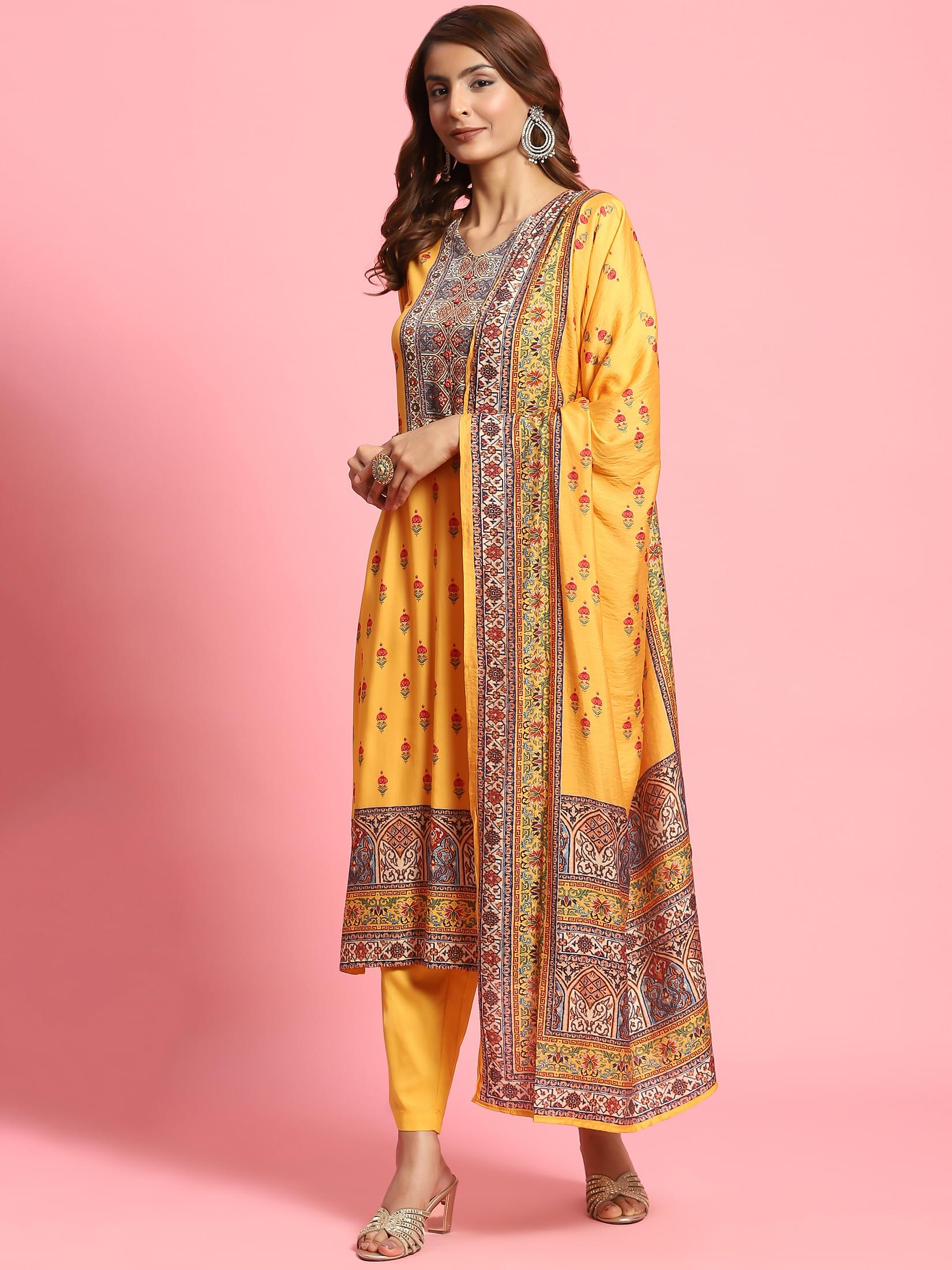Women Mustard Floral Printed Kurta Trouser Dupatta.