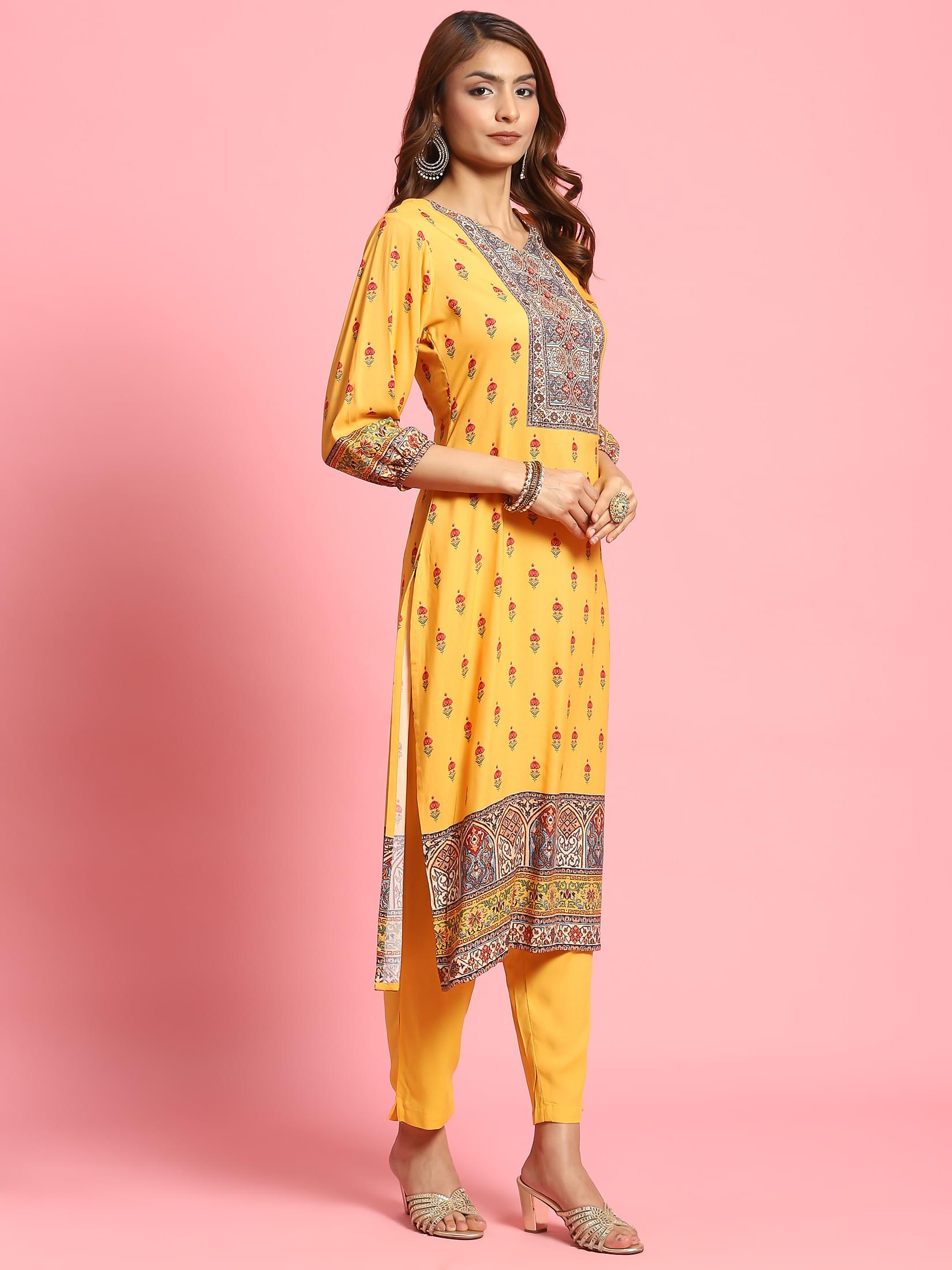 Women Mustard Floral Printed Kurta Trouser Dupatta.