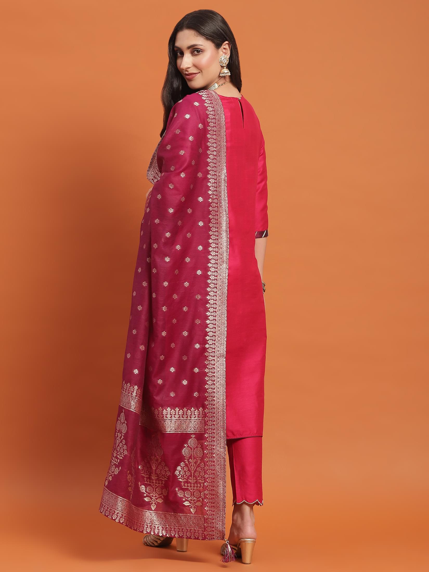 Women Fuchsia Embroidered Kurta Trouser Dupatta.