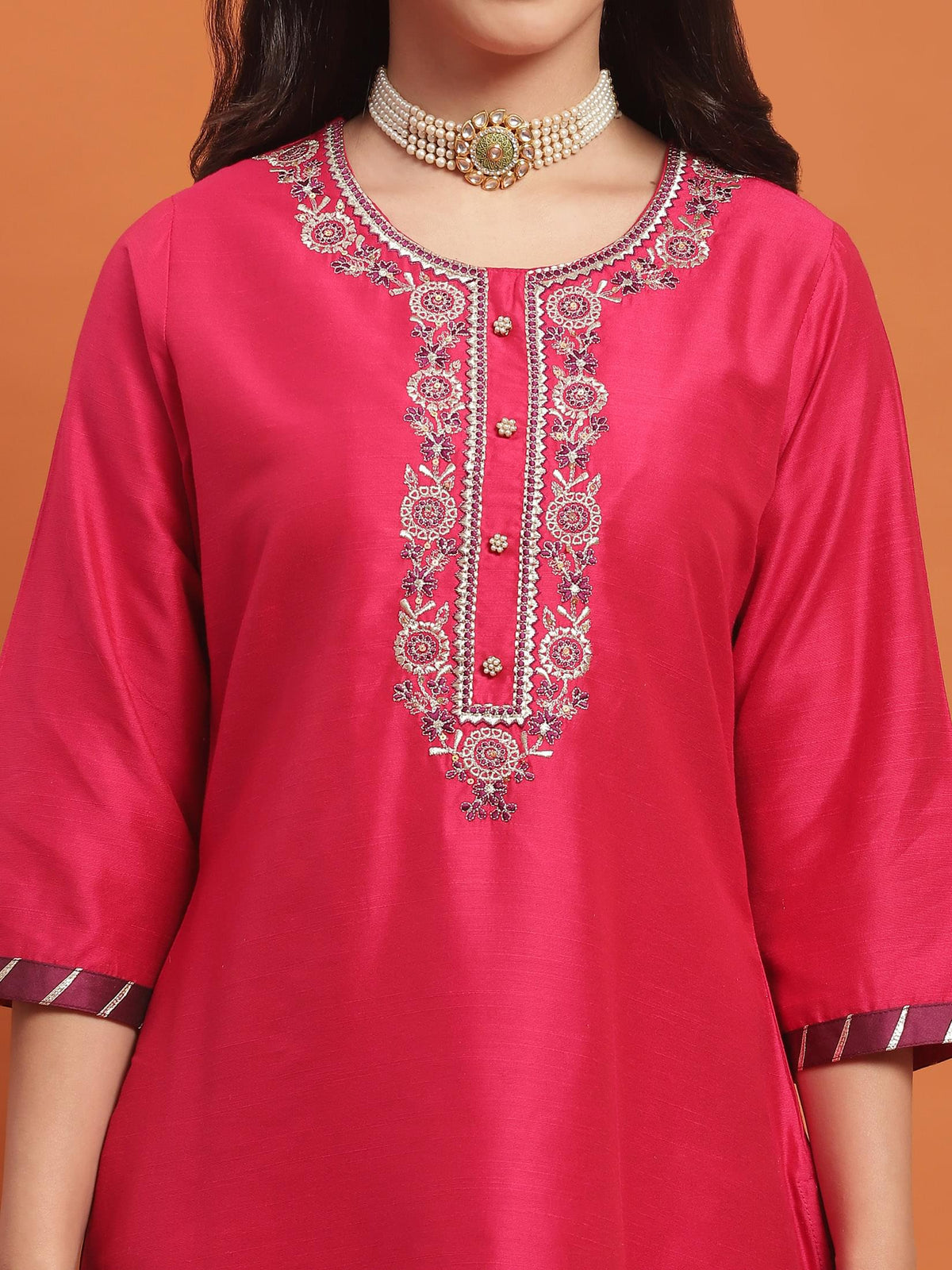 Women Fuchsia Embroidered Kurta Trouser Dupatta.
