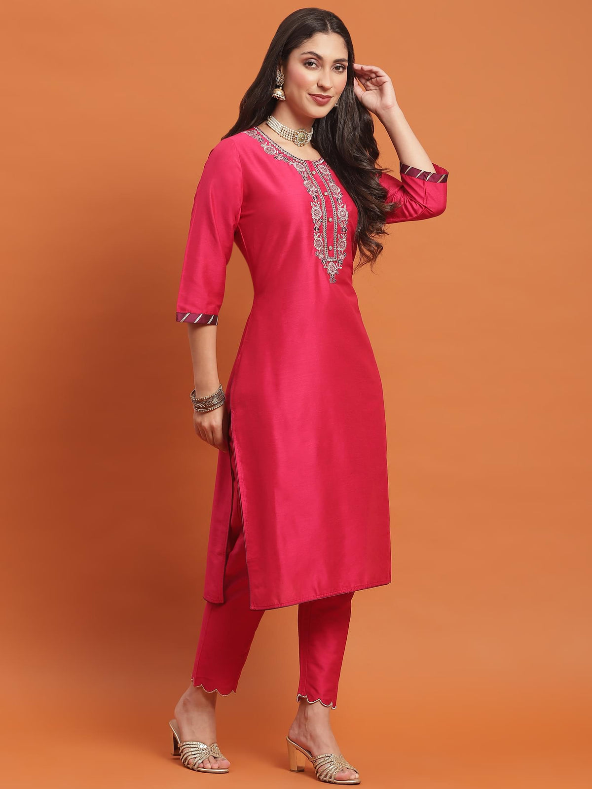 Women Fuchsia Embroidered Kurta Trouser Dupatta.