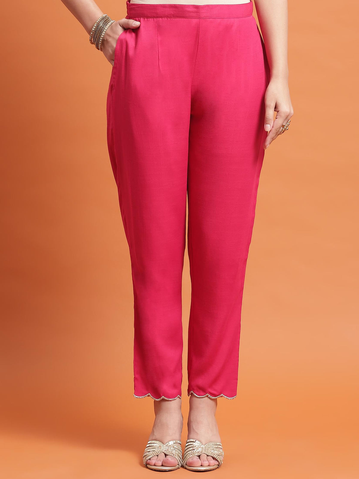 Women Fuchsia Embroidered Kurta Trouser Dupatta.