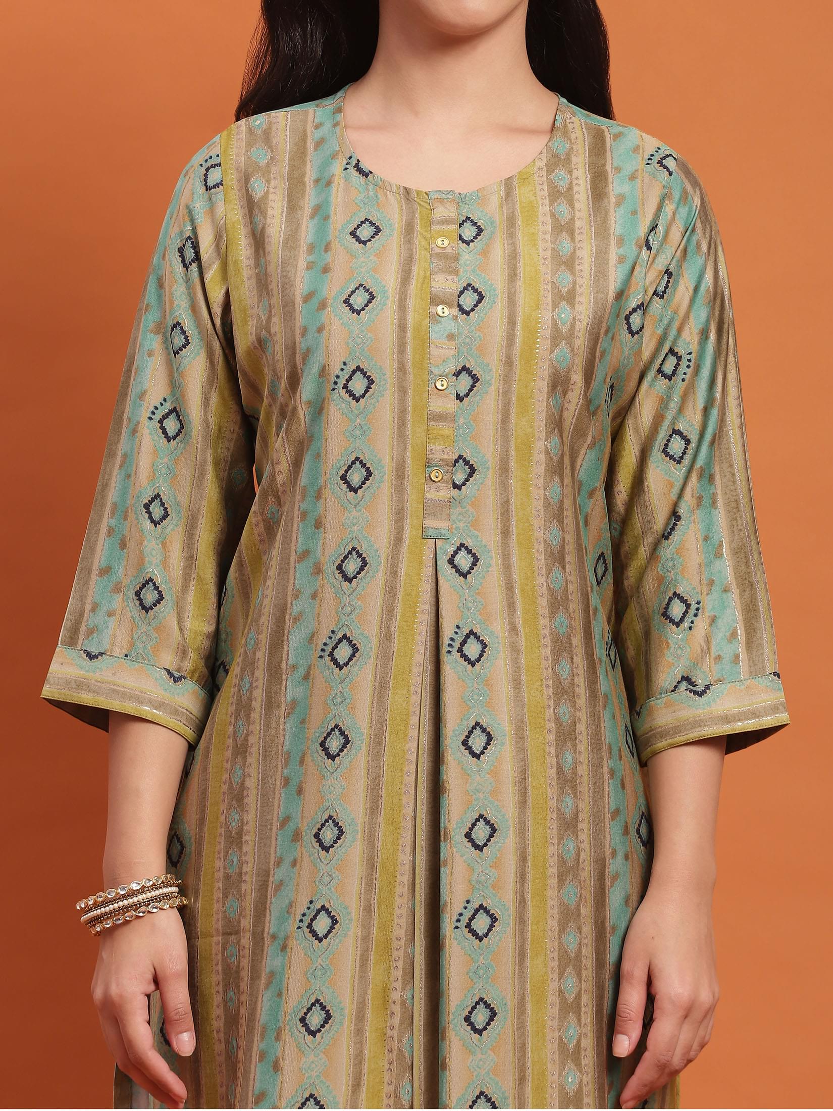 Women Olive Geometric Print Kurta.