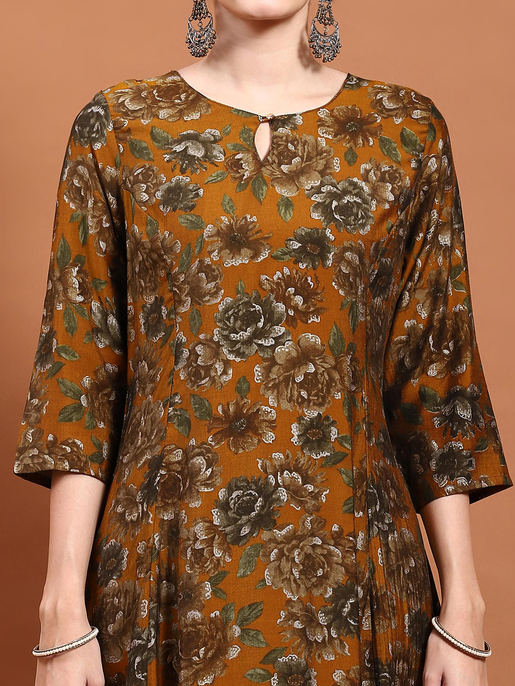 Women Mustard Floral Print Kurta.