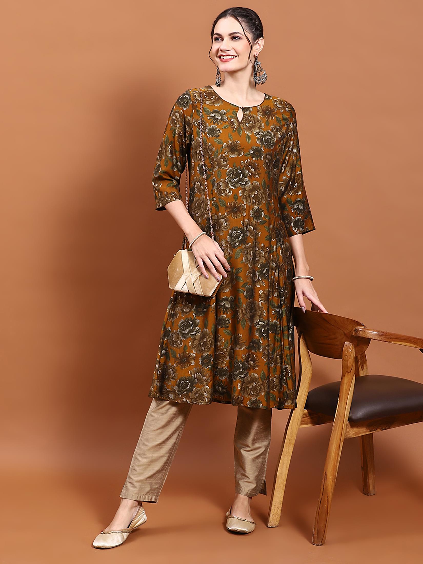 Women Mustard Floral Print Kurta.