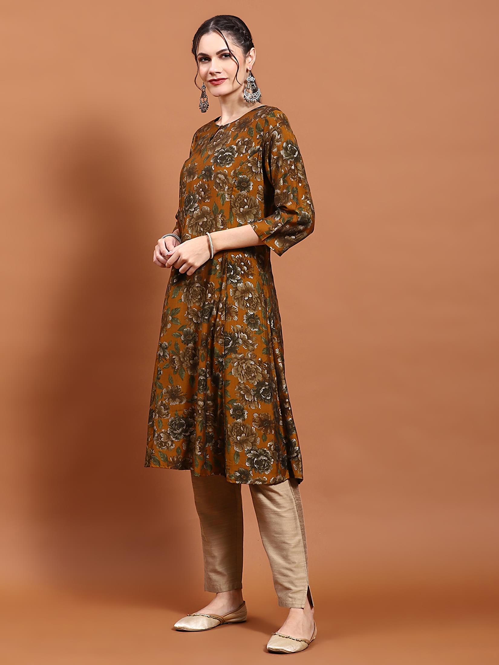 Women Mustard Floral Print Kurta.