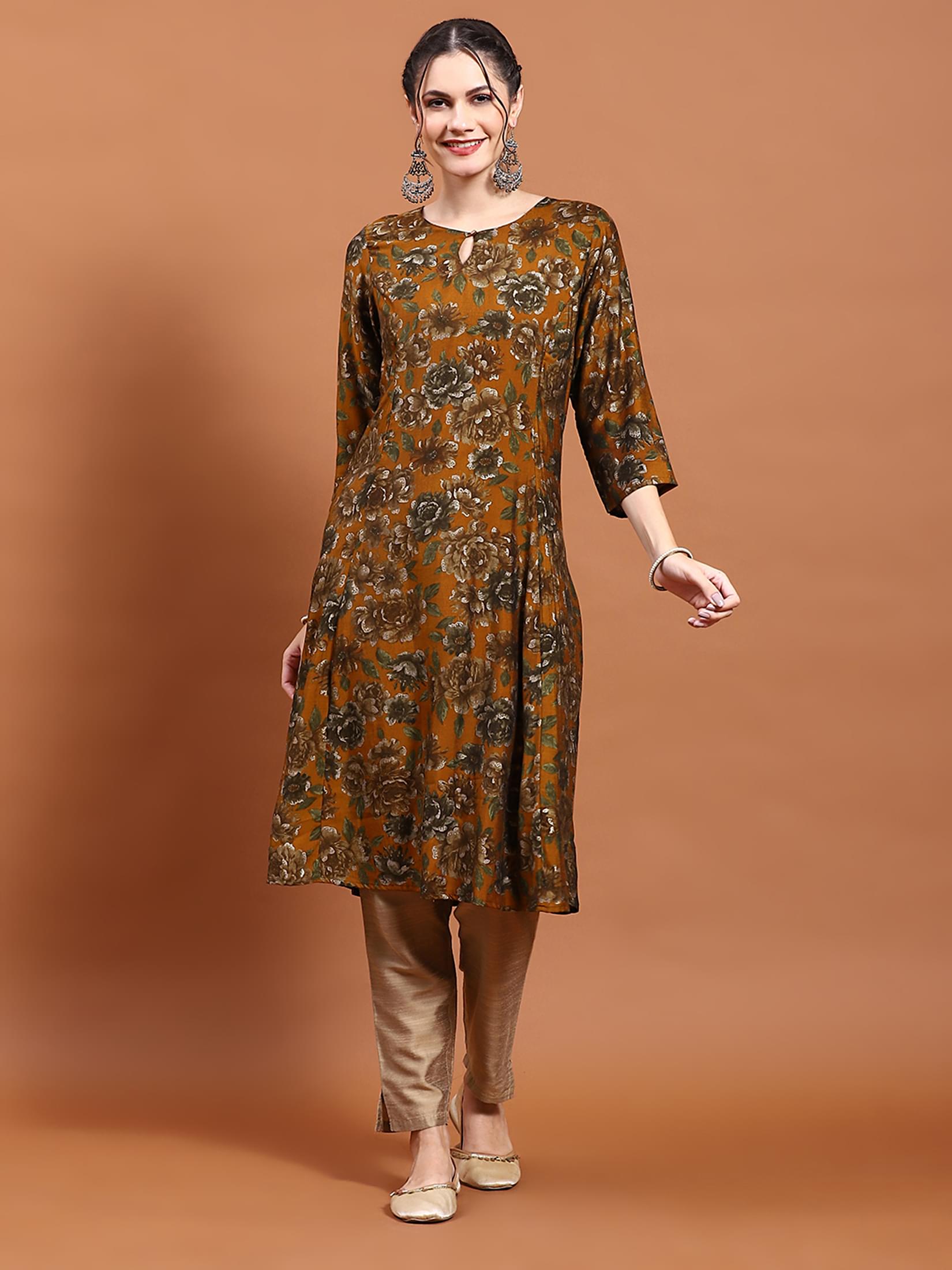 Women Mustard Floral Print Kurta.