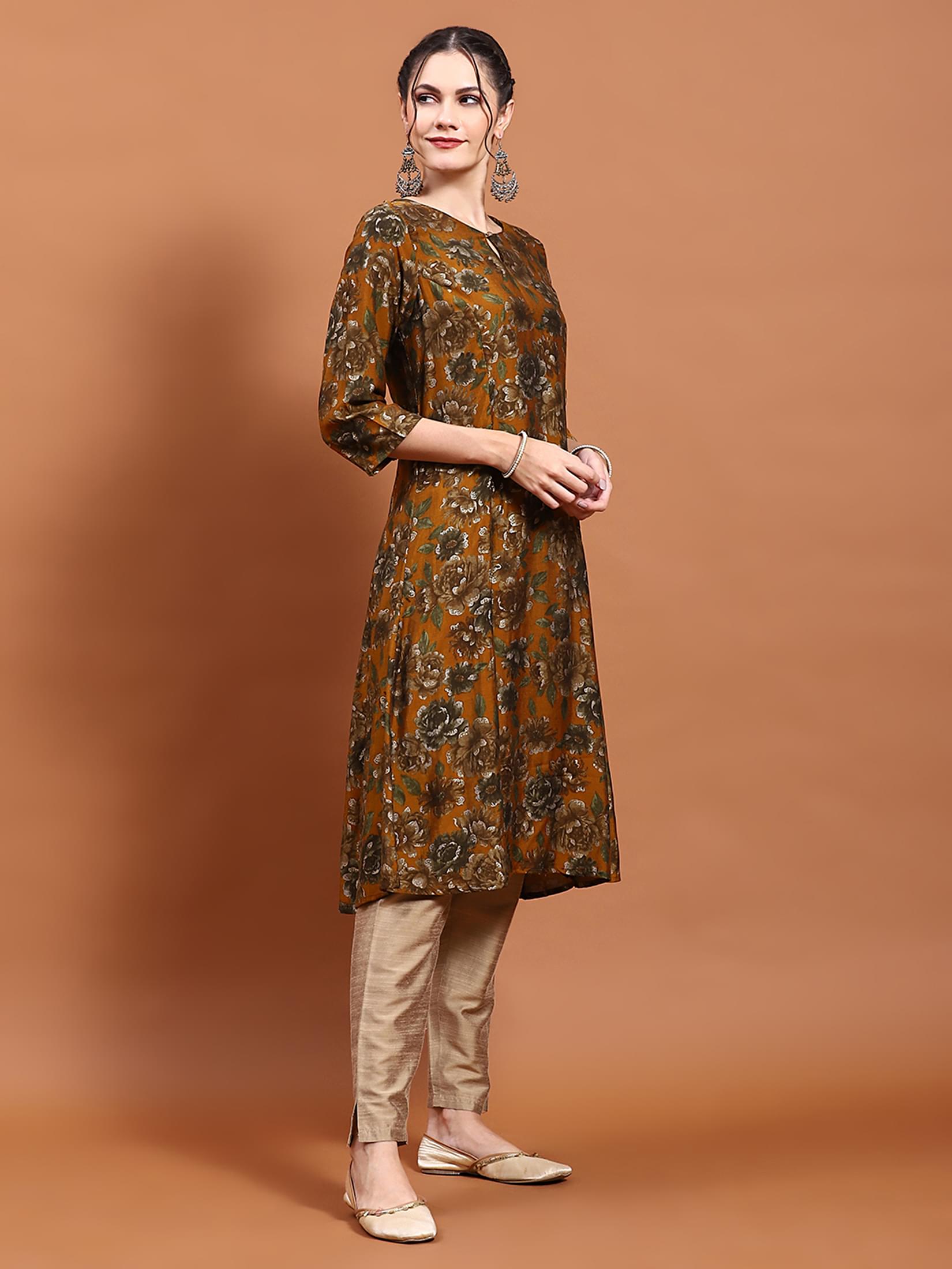 Women Mustard Floral Print Kurta.