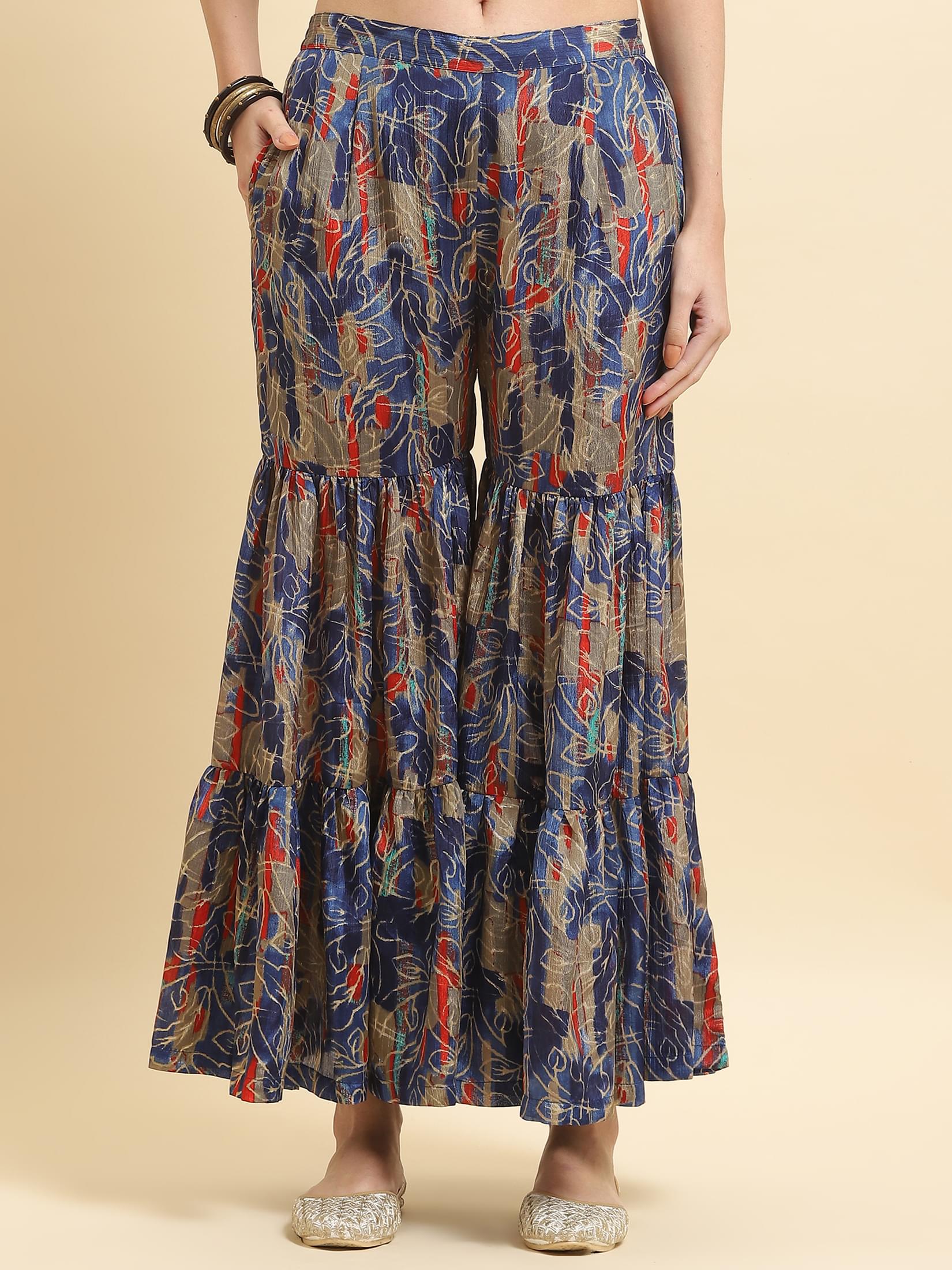 Women Chinon Blue Floral Kurta Sharara Dupatta.