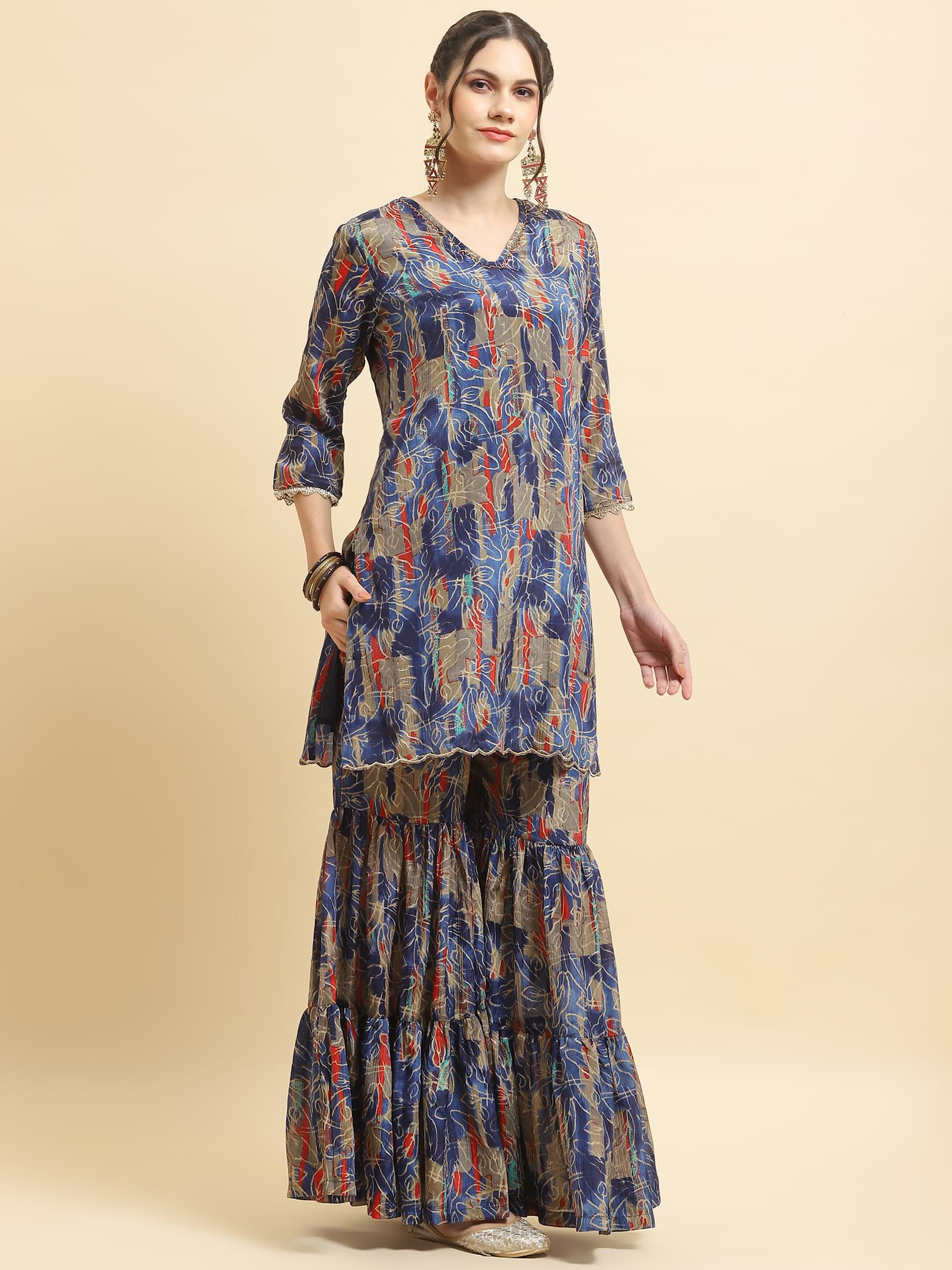 Women Chinon Blue Floral Kurta Sharara Dupatta.
