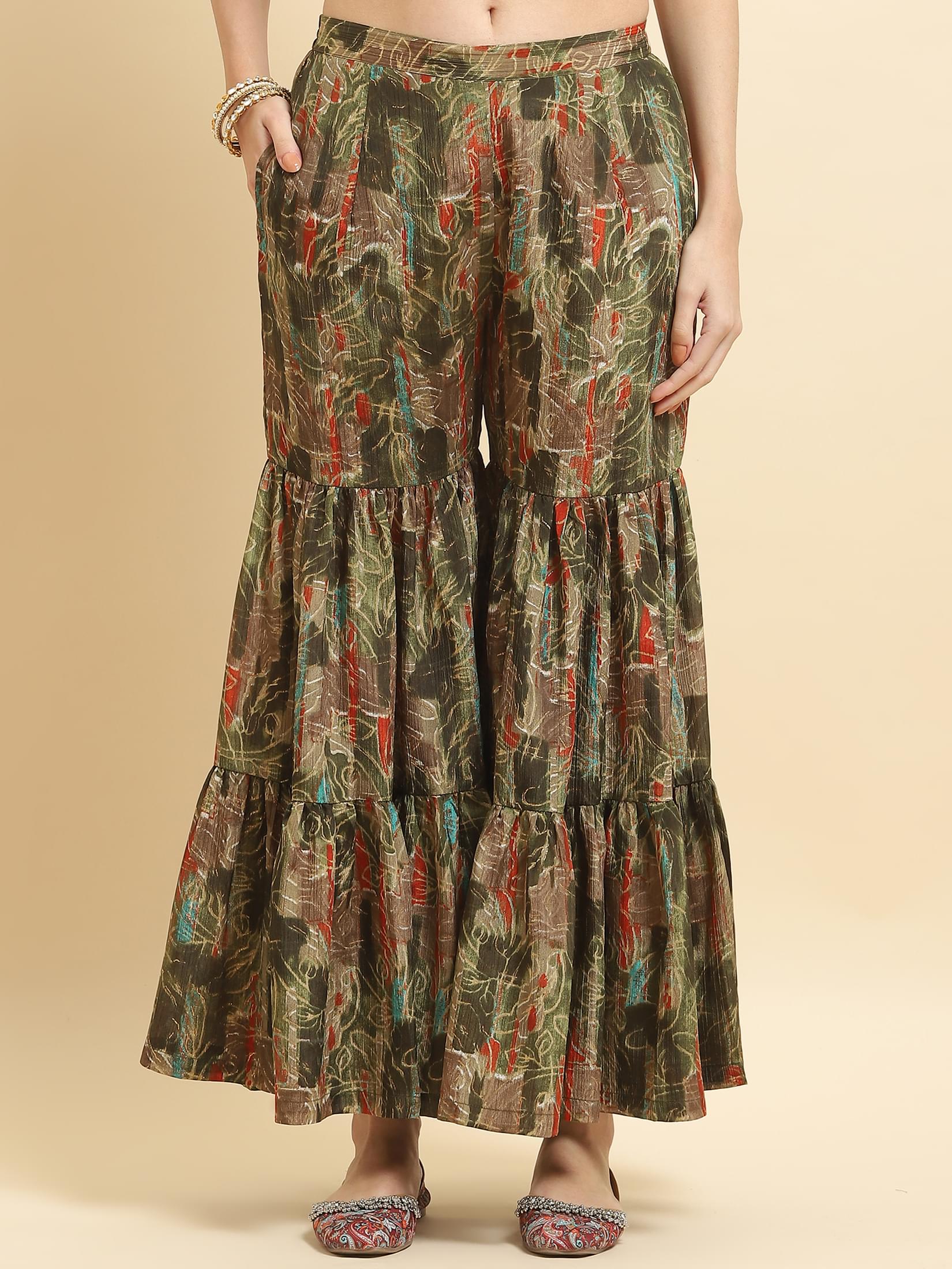 Women Chinon Olive Floral Kurta Sharara Dupatta.