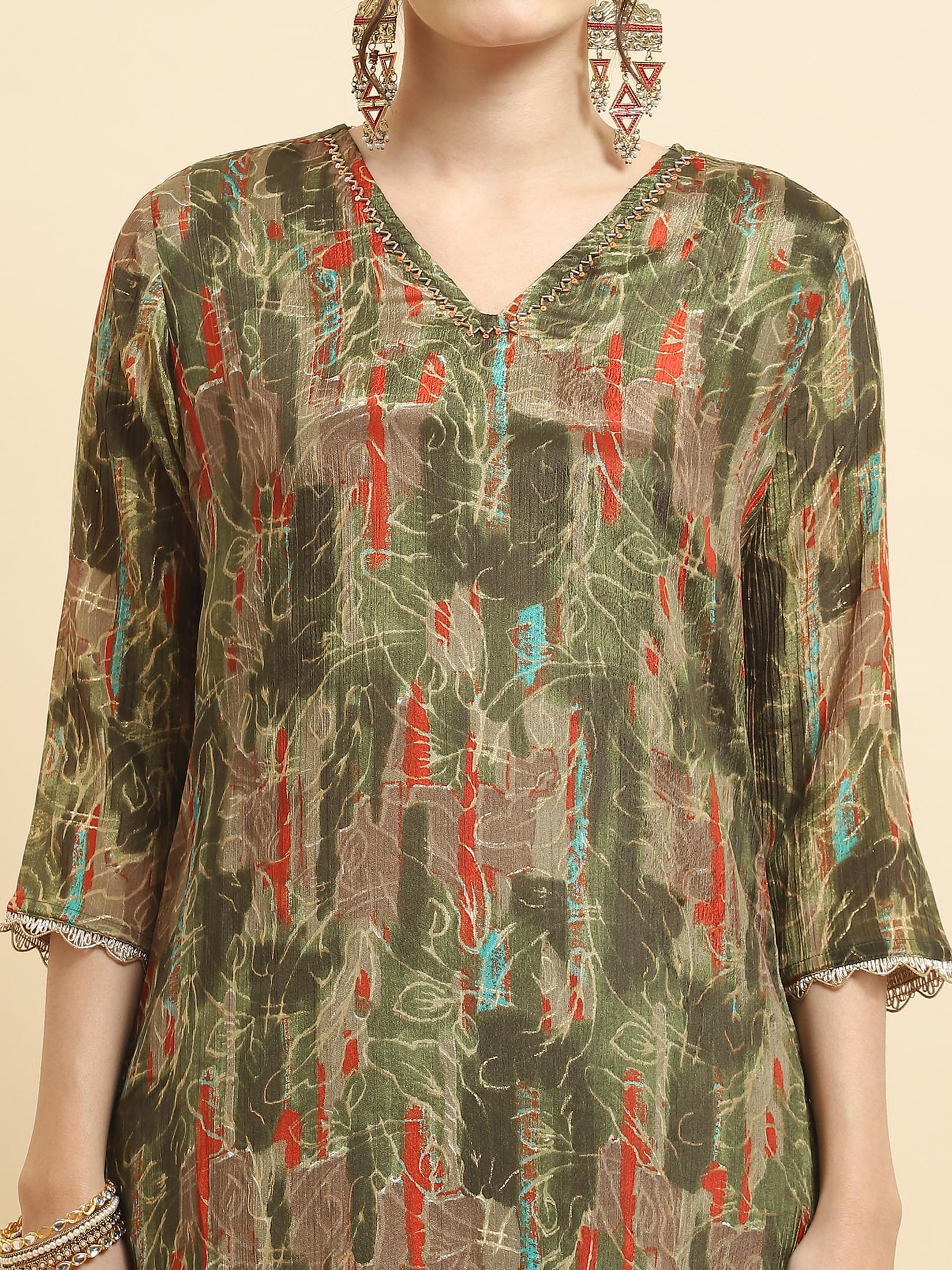 Women Chinon Olive Floral Kurta Sharara Dupatta.