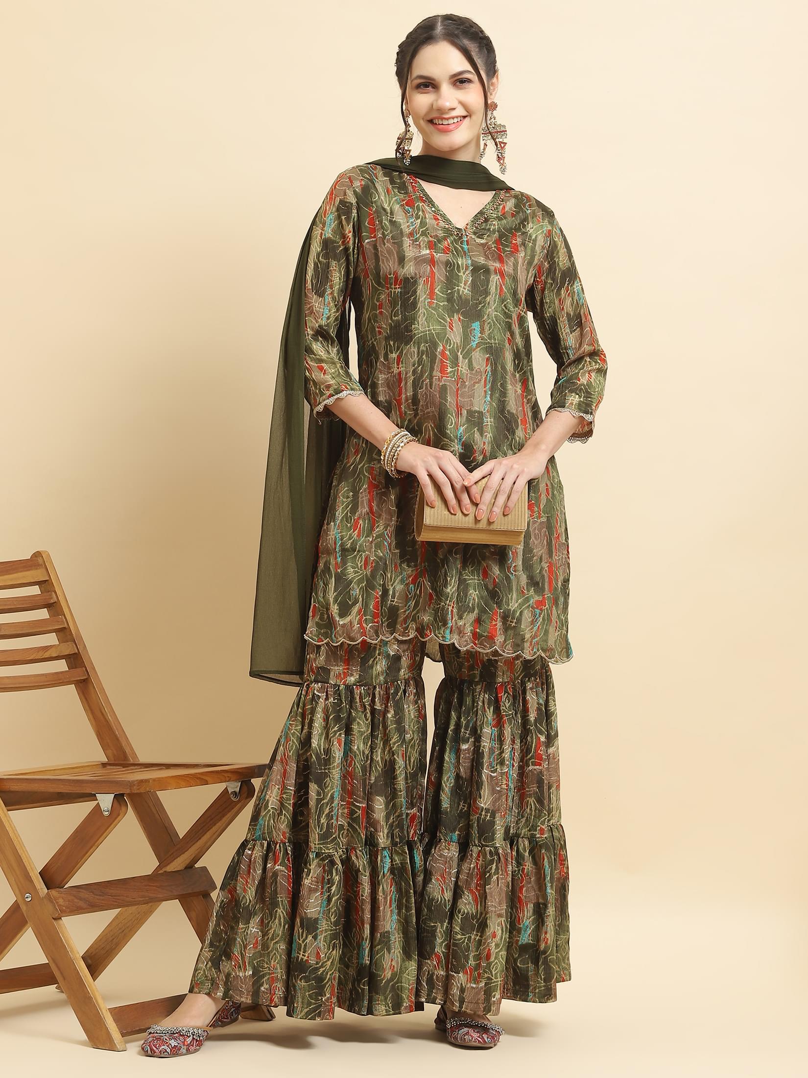 Women Chinon Olive Floral Kurta Sharara Dupatta.